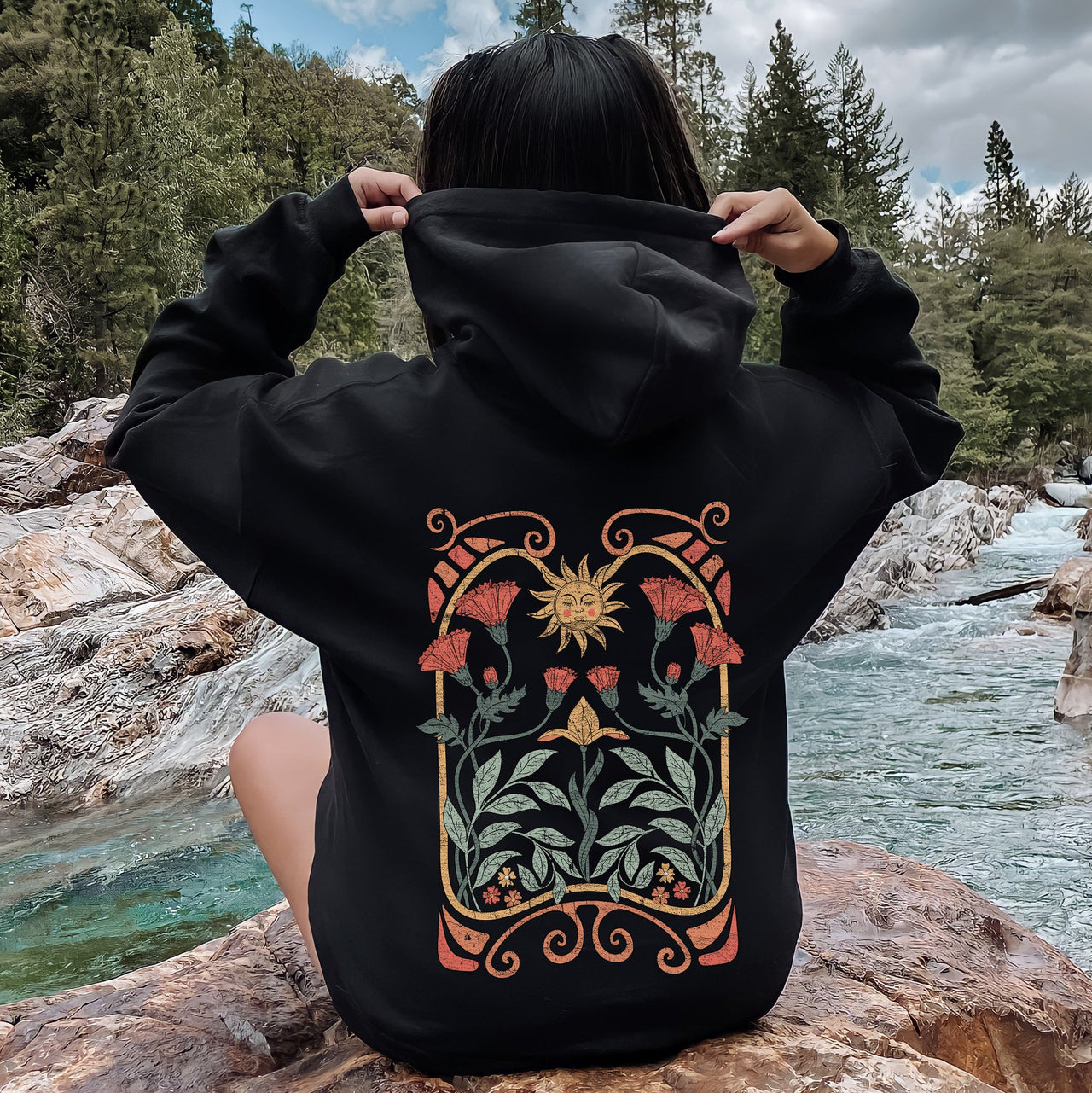 Sun Art Deco Celestial Art Nouveau Sunrise Spectrum Kaleidoscopic Vintage Graphic Hoodie