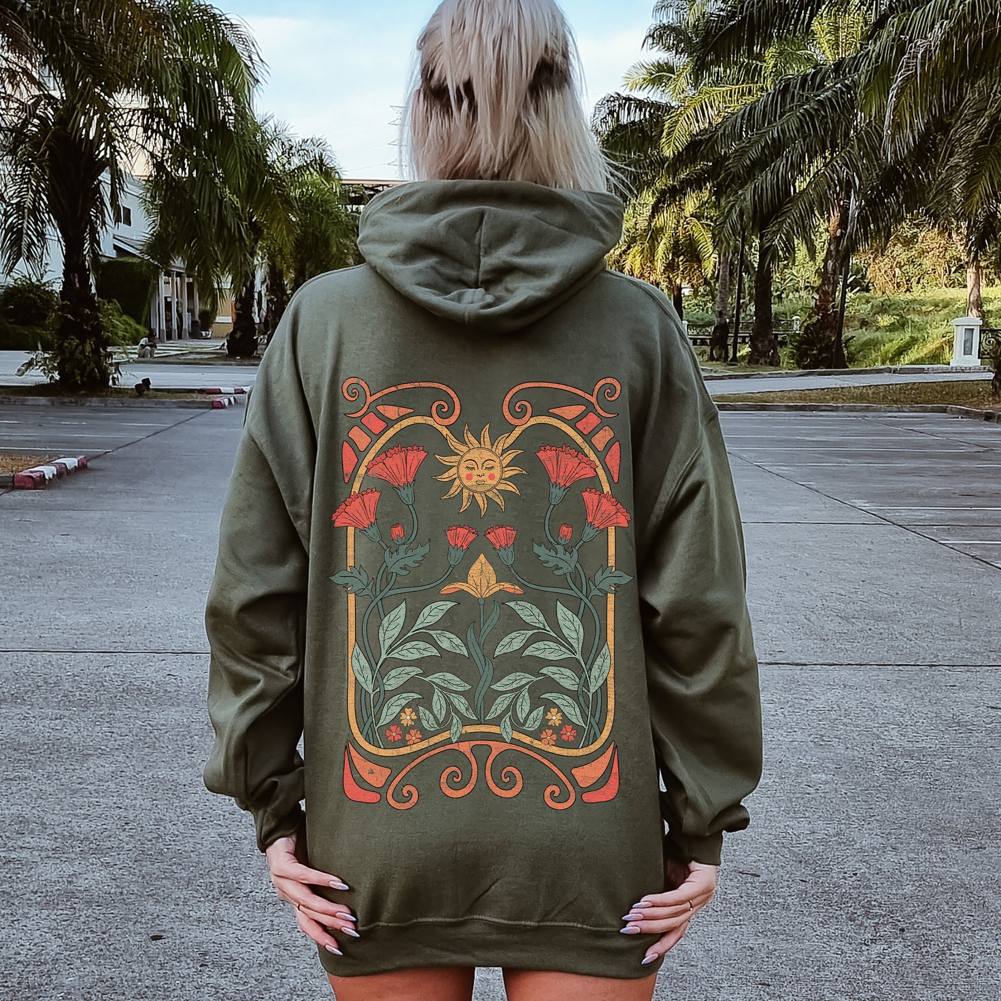 Sun Art Deco Celestial Art Nouveau Sunrise Spectrum Kaleidoscopic Vintage Graphic Hoodie