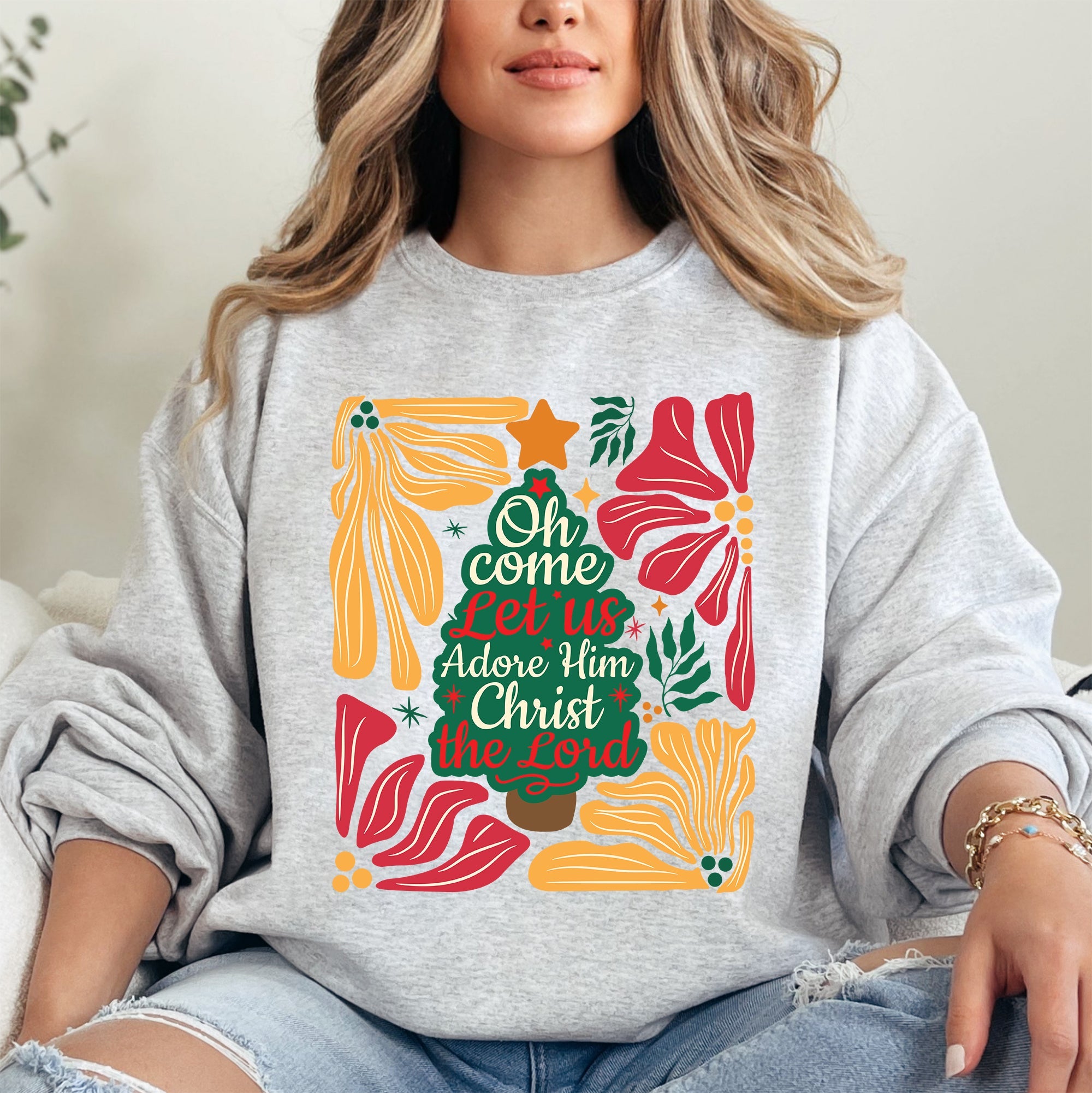 Oh Come Let Us Adore Him Christmas Floral Christian Religious Seasonal Sacred Sweatshirt