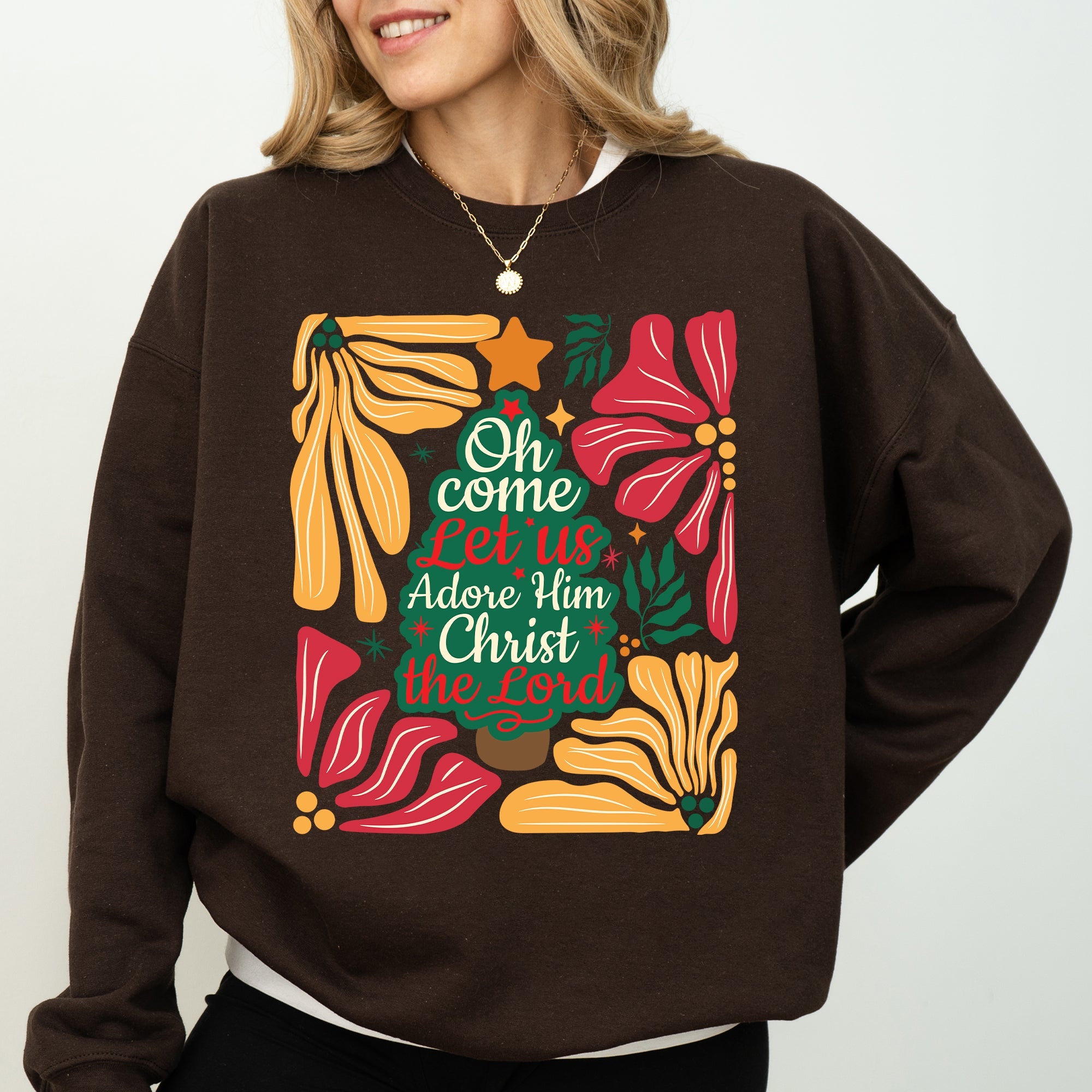 Oh Come Let Us Adore Him Christmas Floral Christian Religious Seasonal Sacred Sweatshirt