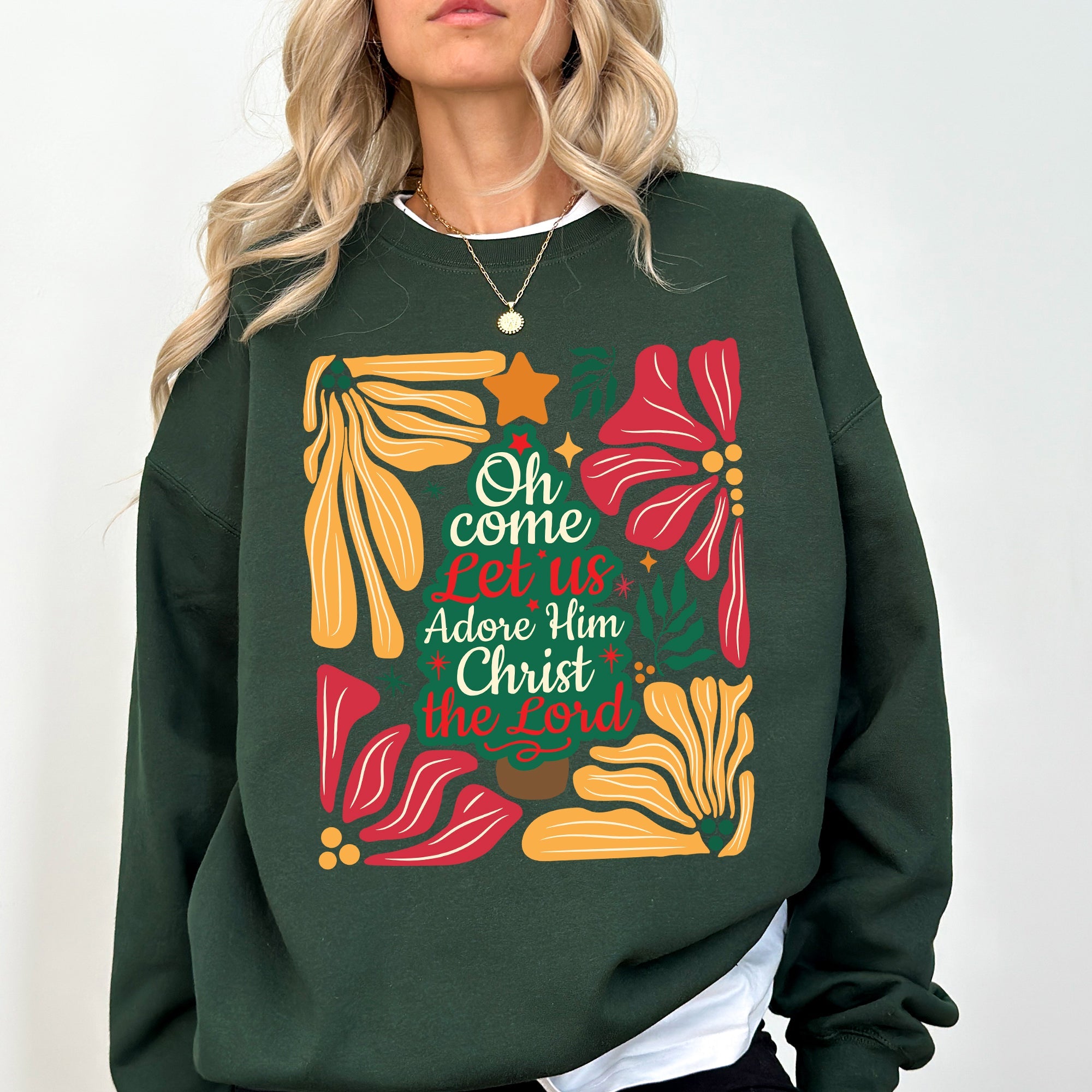 Oh Come Let Us Adore Him Christmas Floral Christian Religious Seasonal Sacred Sweatshirt