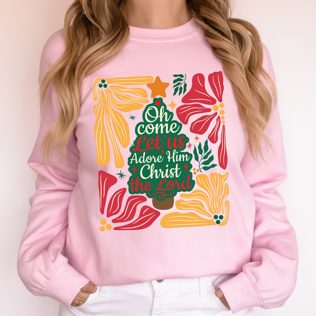 Oh Come Let Us Adore Him Christmas Floral Christian Religious Seasonal Sacred Sweatshirt