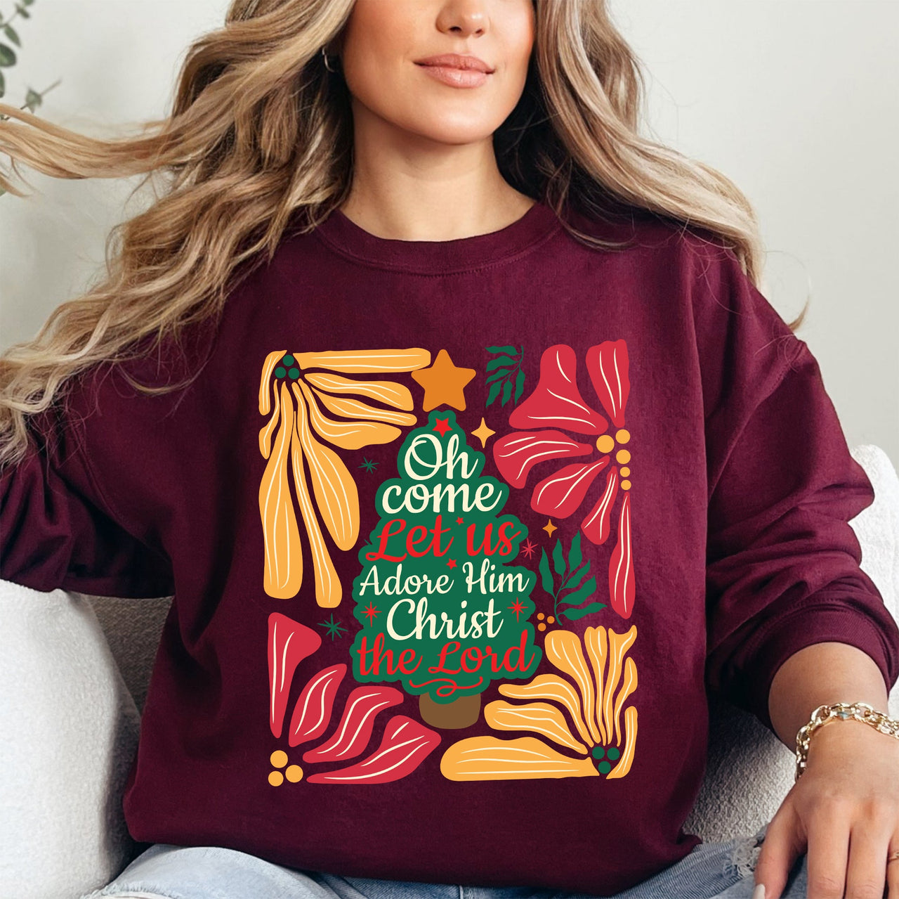 Oh Come Let Us Adore Him Christmas Floral Christian Religious Seasonal Sacred Sweatshirt