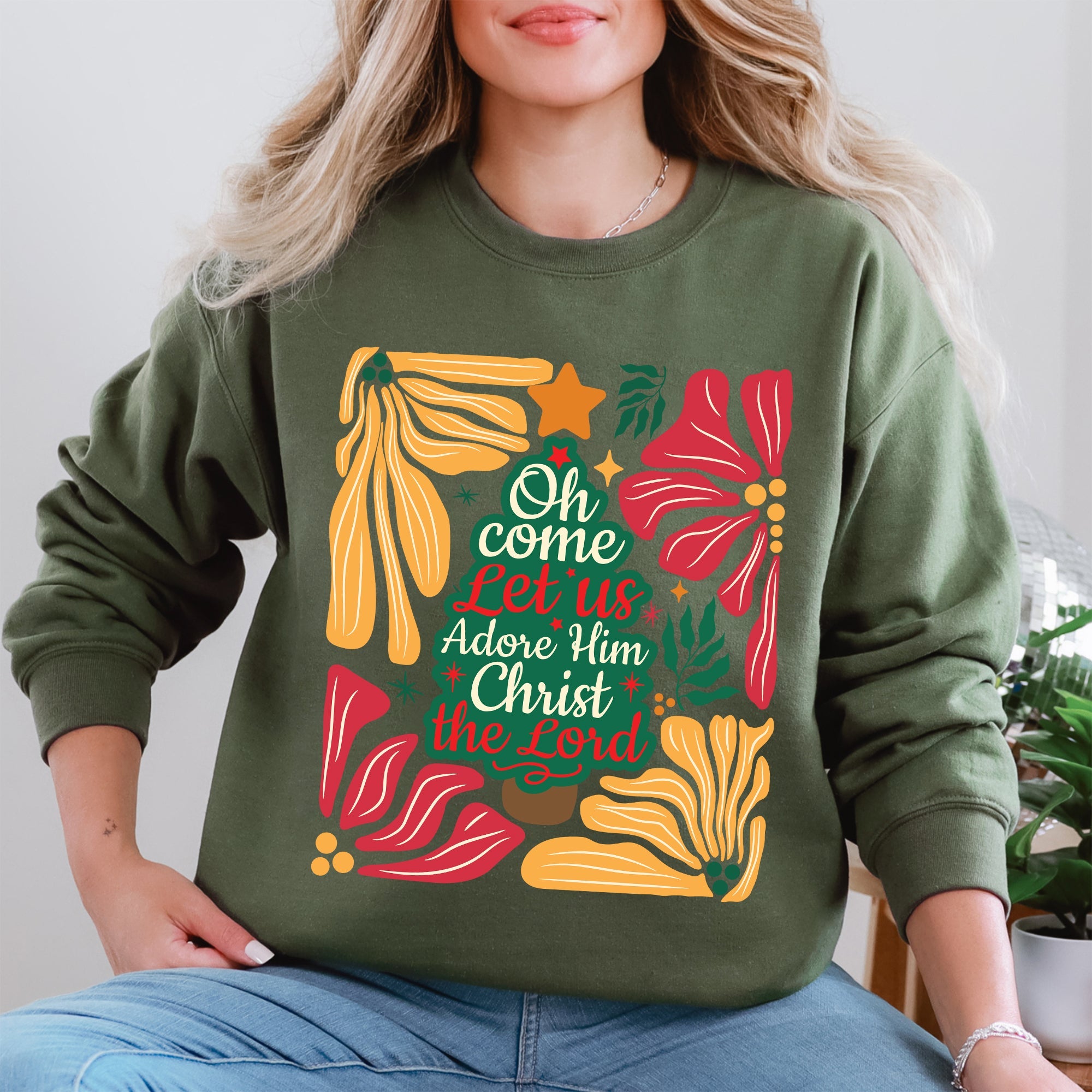 Oh Come Let Us Adore Him Christmas Floral Christian Religious Seasonal Sacred Sweatshirt
