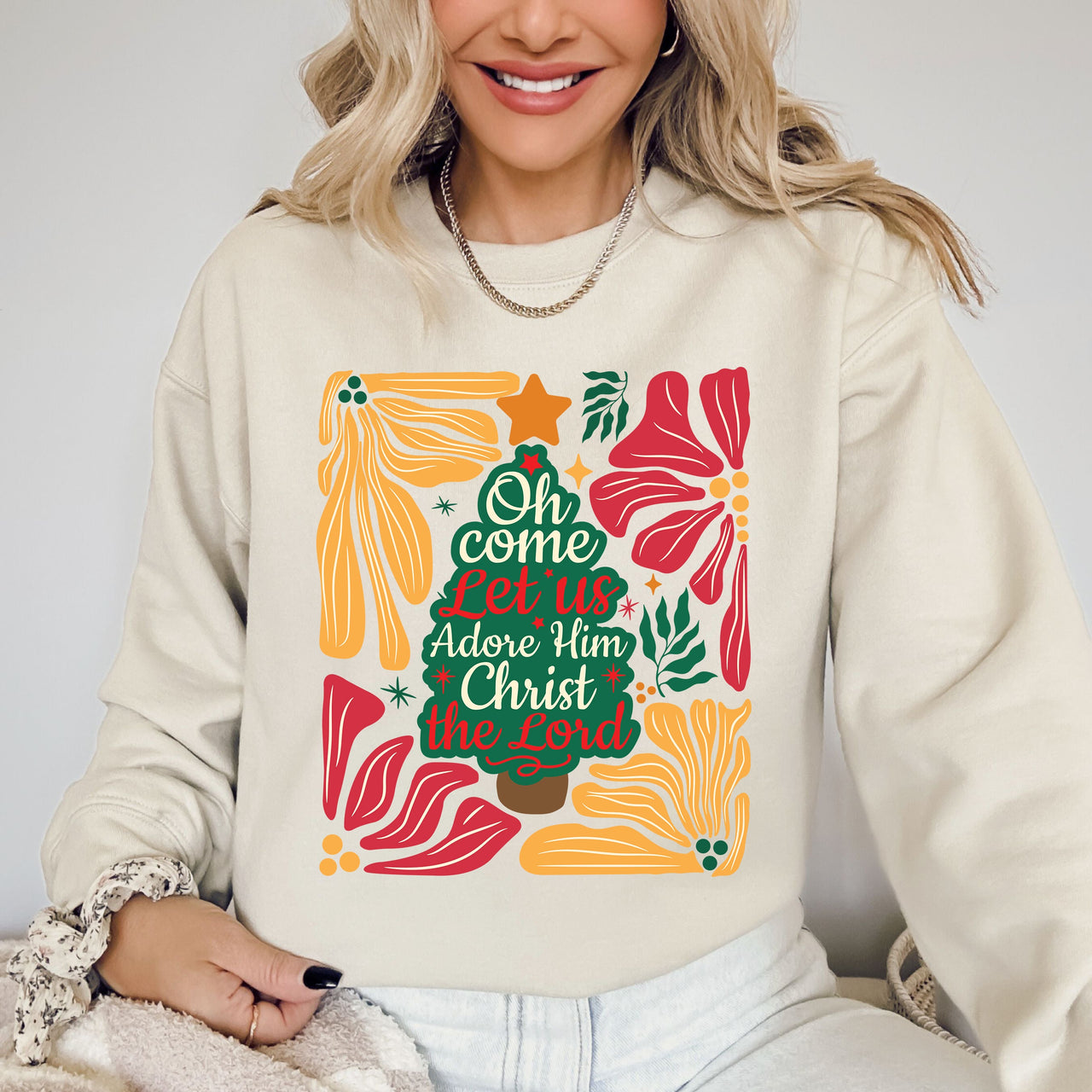 Oh Come Let Us Adore Him Christmas Floral Christian Religious Seasonal Sacred Sweatshirt