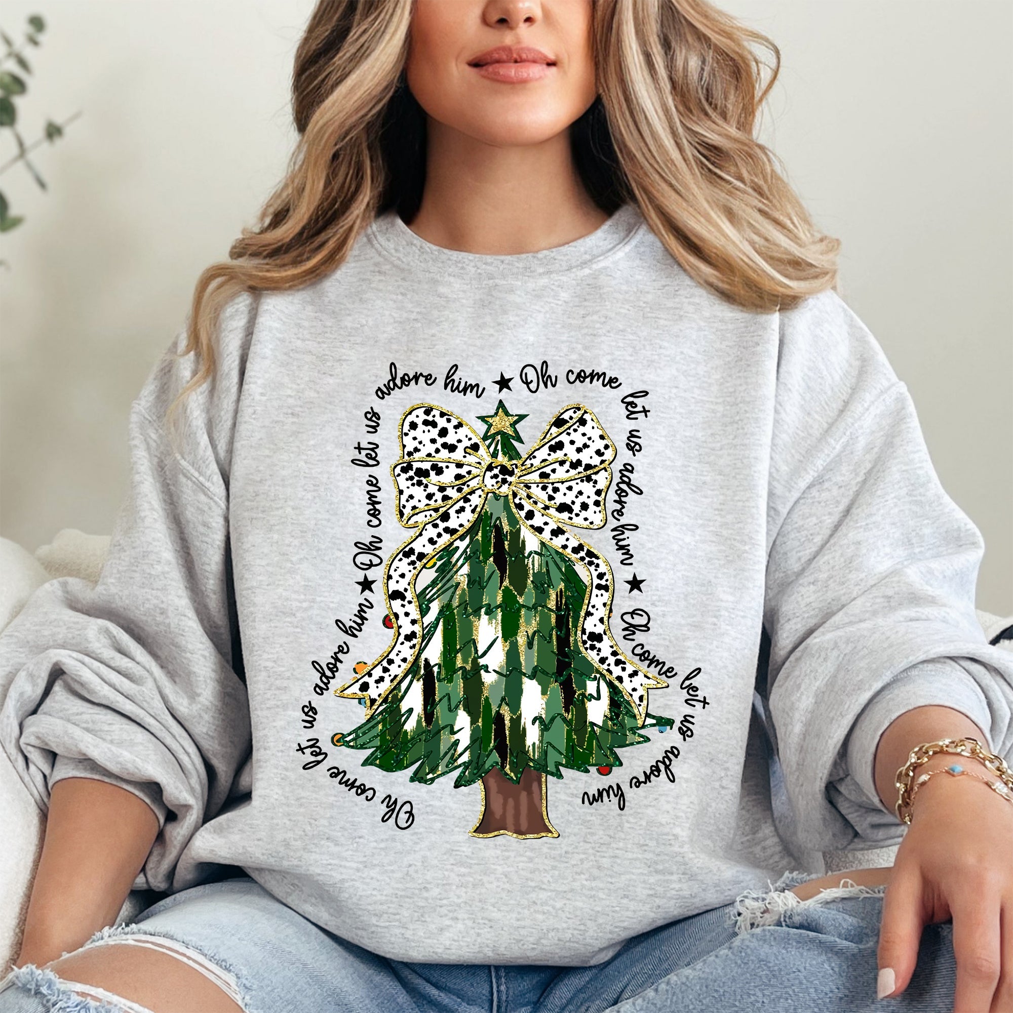 Oh Come Let Us Adore Him Christmas Tree Dalmatian Print Festive Holiday Season Sweatshirt