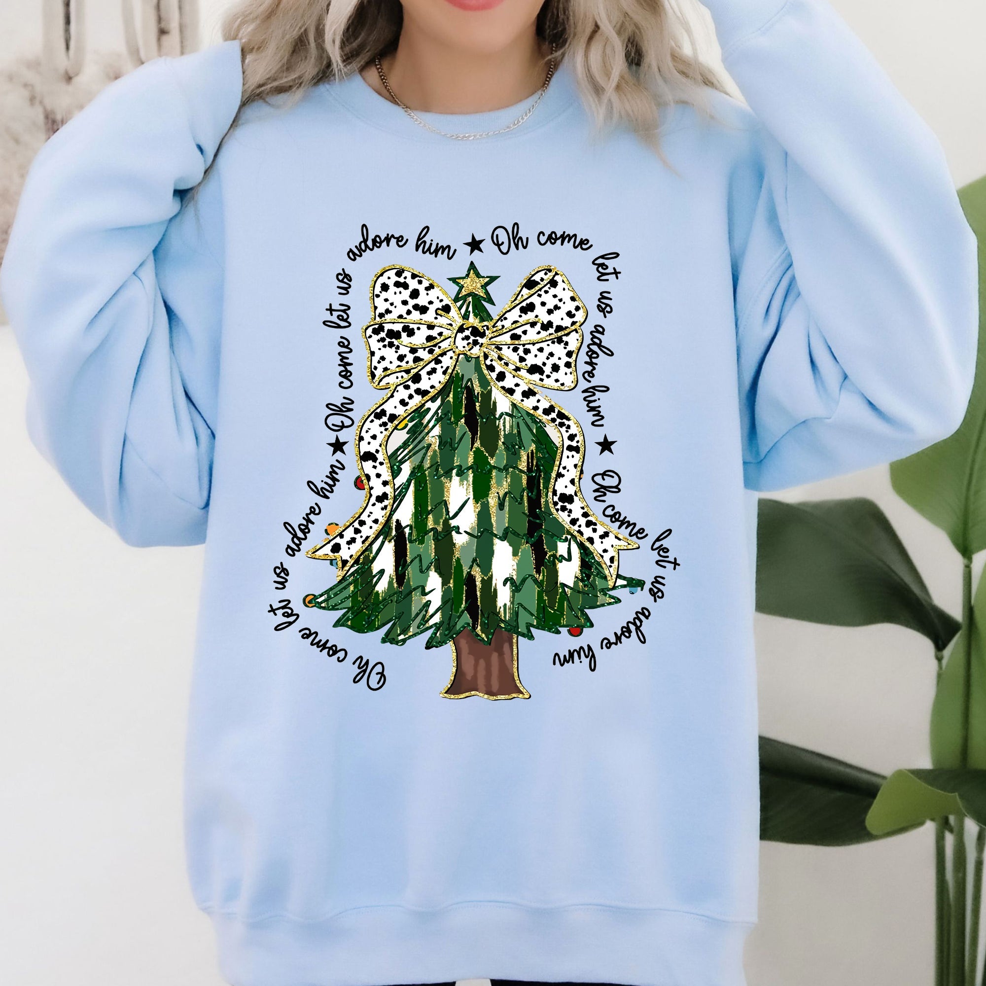 Oh Come Let Us Adore Him Christmas Tree Dalmatian Print Festive Holiday Season Sweatshirt