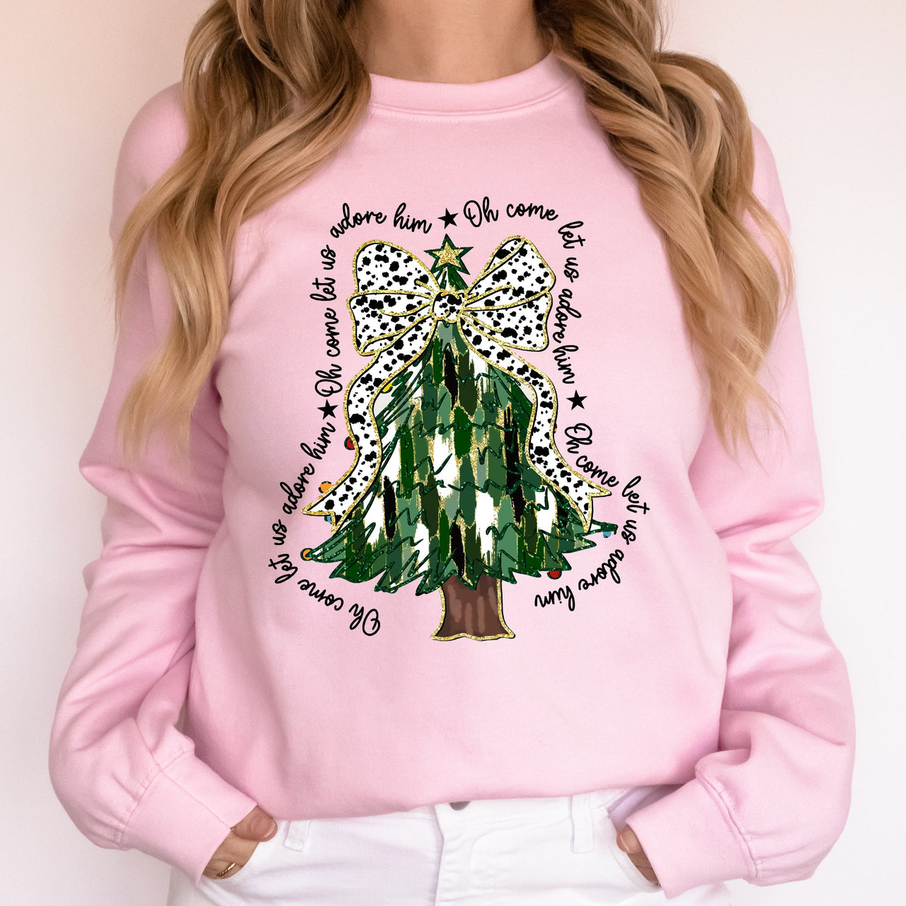 Oh Come Let Us Adore Him Christmas Tree Dalmatian Print Festive Holiday Season Sweatshirt
