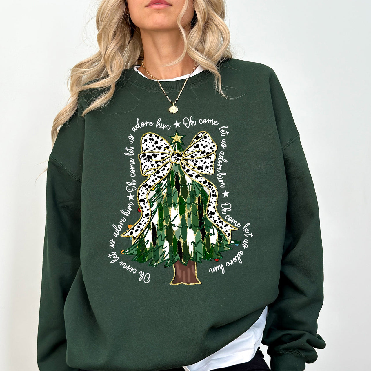 Oh Come Let Us Adore Him Christmas Tree Dalmatian Print Festive Holiday Season Sweatshirt