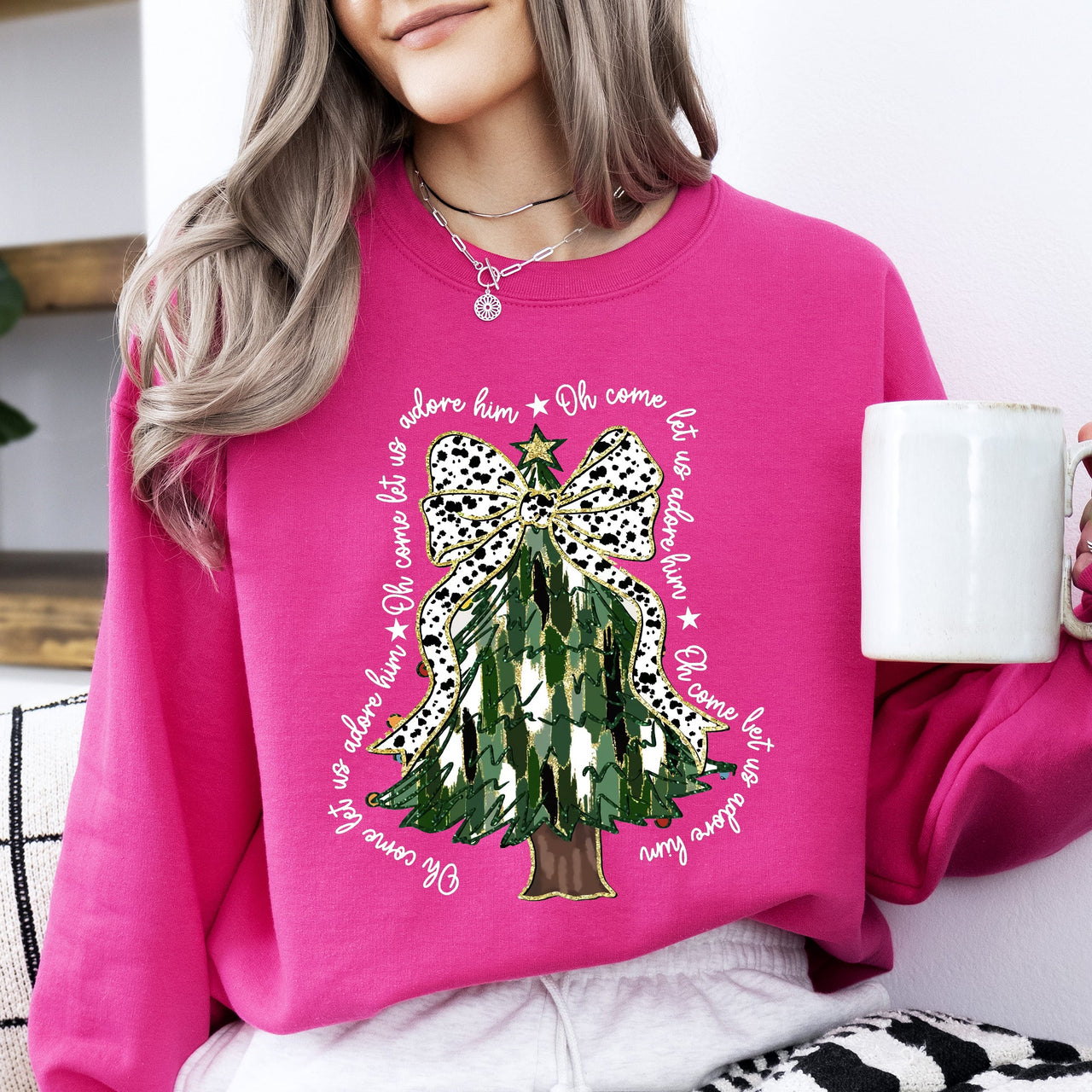Oh Come Let Us Adore Him Christmas Tree Dalmatian Print Festive Holiday Season Sweatshirt