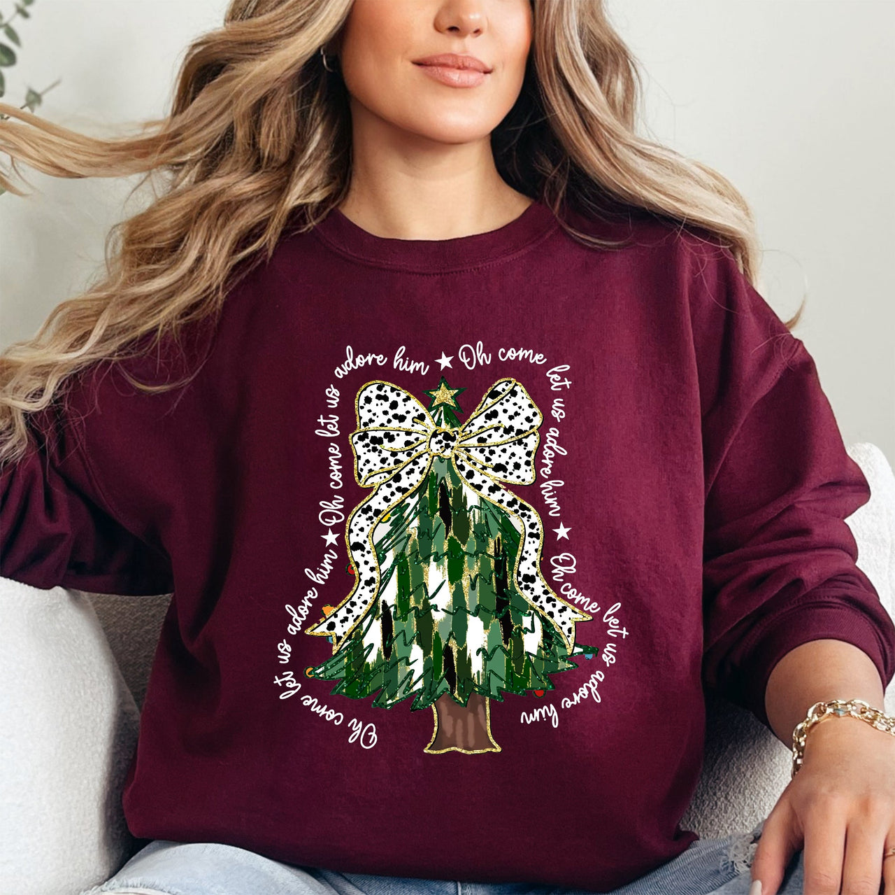 Oh Come Let Us Adore Him Christmas Tree Dalmatian Print Festive Holiday Season Sweatshirt