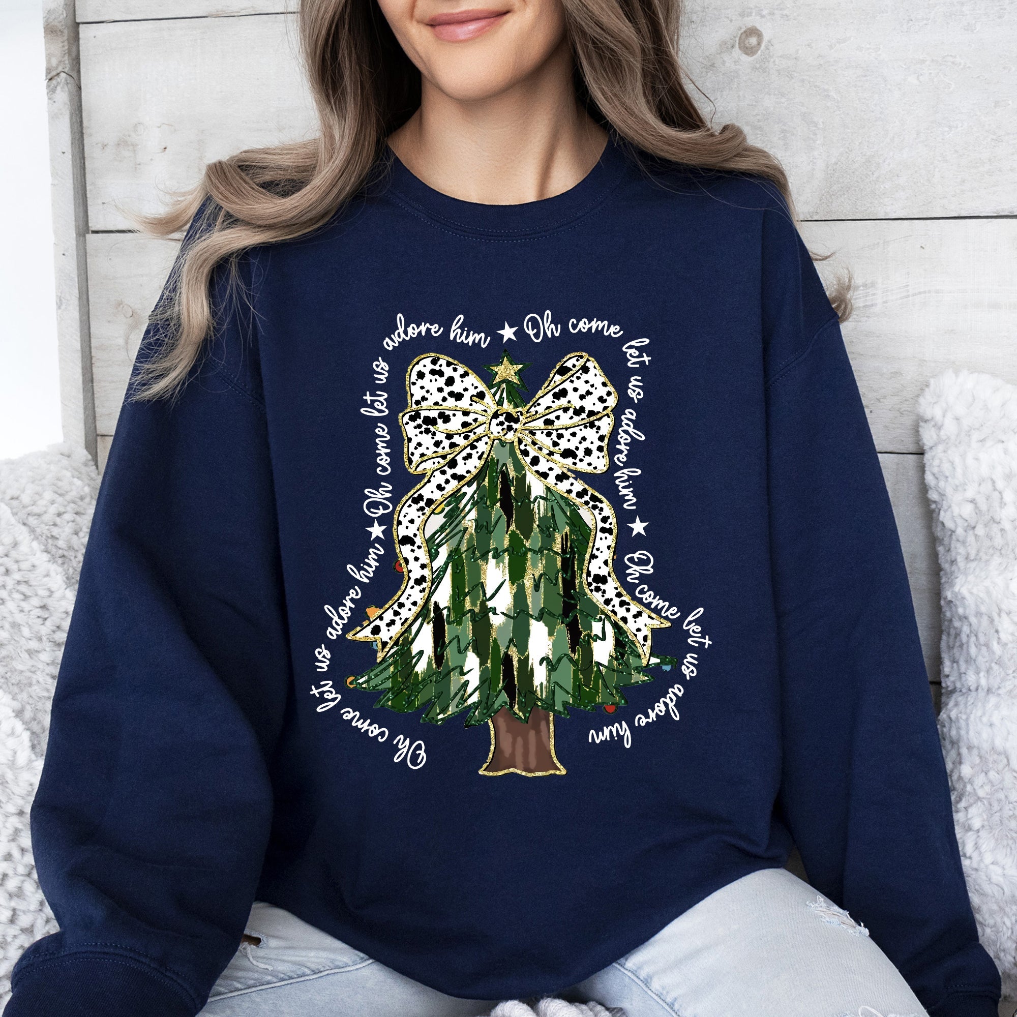 Oh Come Let Us Adore Him Christmas Tree Dalmatian Print Festive Holiday Season Sweatshirt