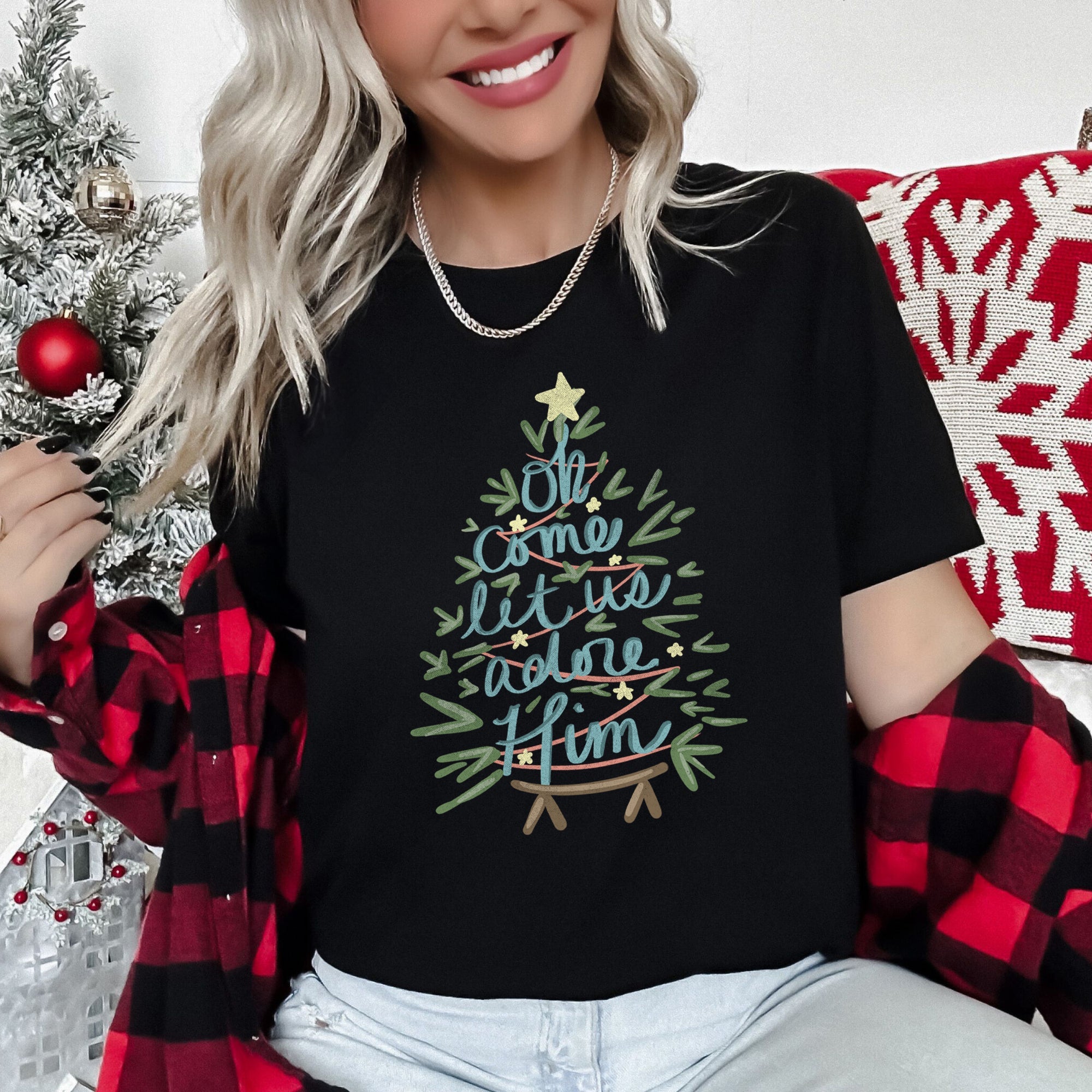 Oh Come Let Us Adore Him Christmas Carol Religious Nativity Inspired Graphic Tee