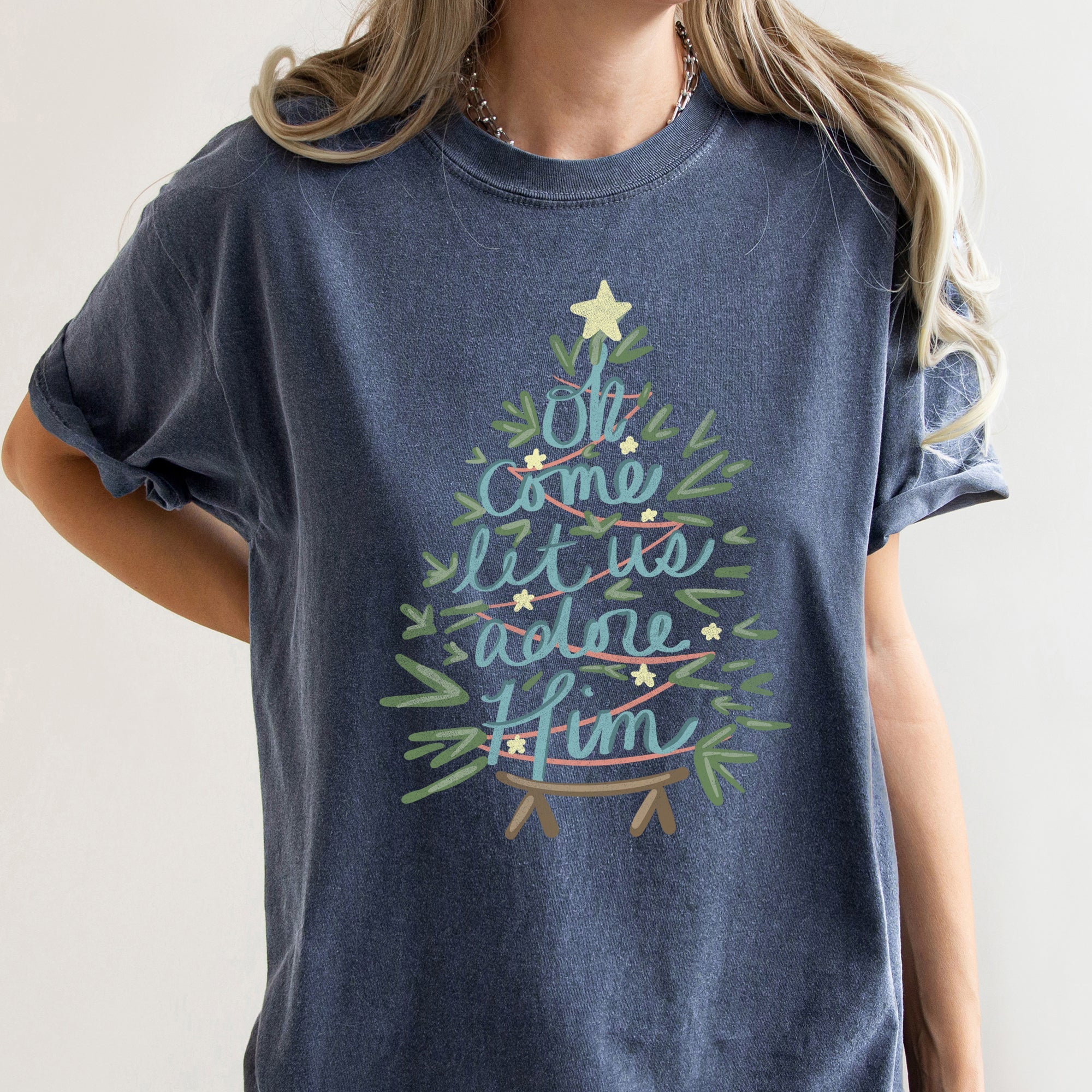 Oh Come Let Us Adore Him Christmas Carol Religious Christian Holiday Comfort Colors Tee