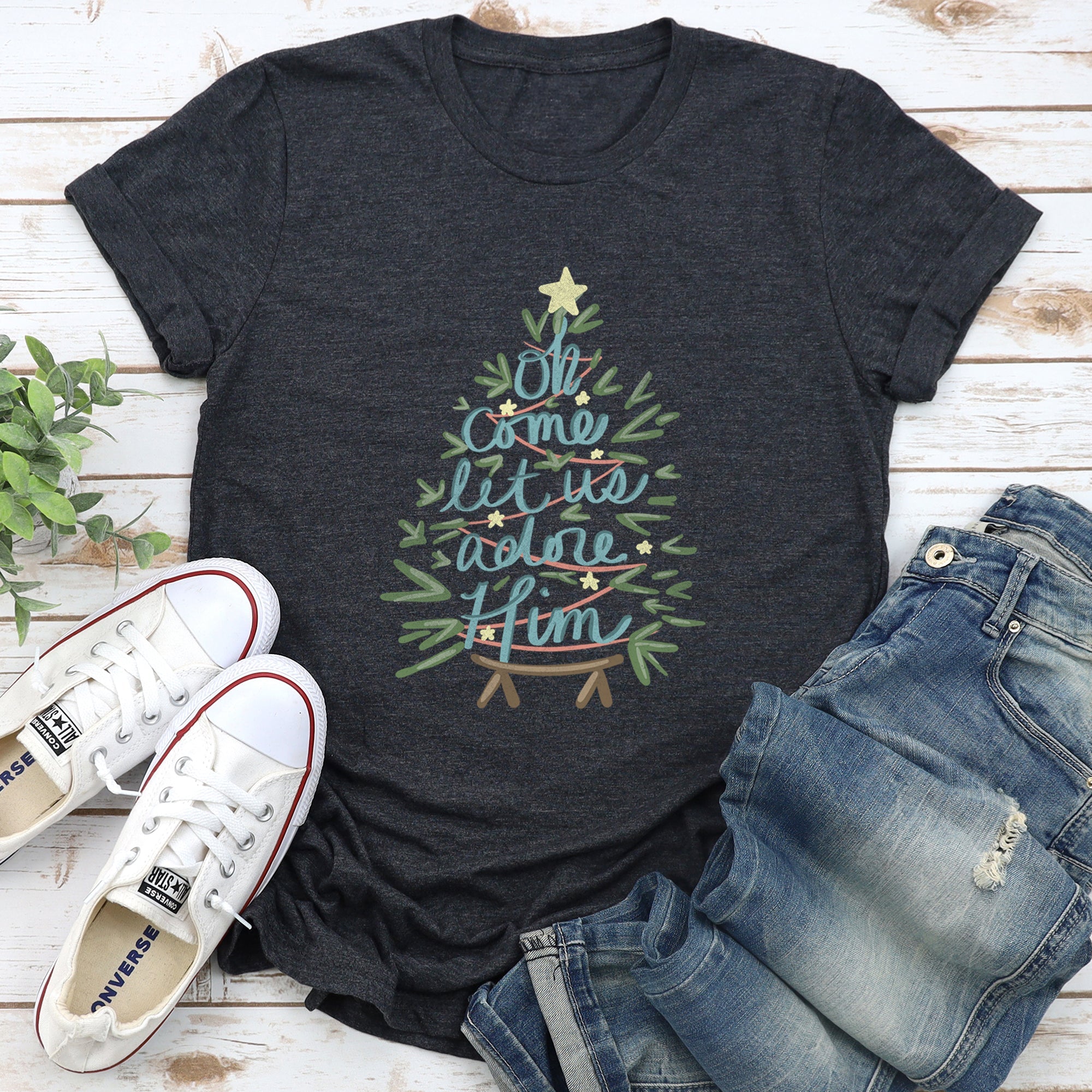 Oh Come Let Us Adore Him Christmas Carol Religious Nativity Inspired Graphic Tee
