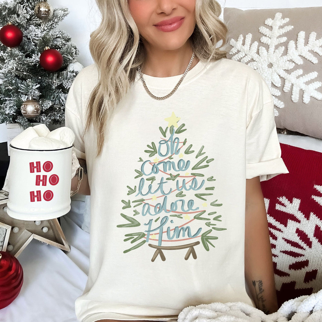 Oh Come Let Us Adore Him Christmas Carol Religious Christian Holiday Comfort Colors Tee