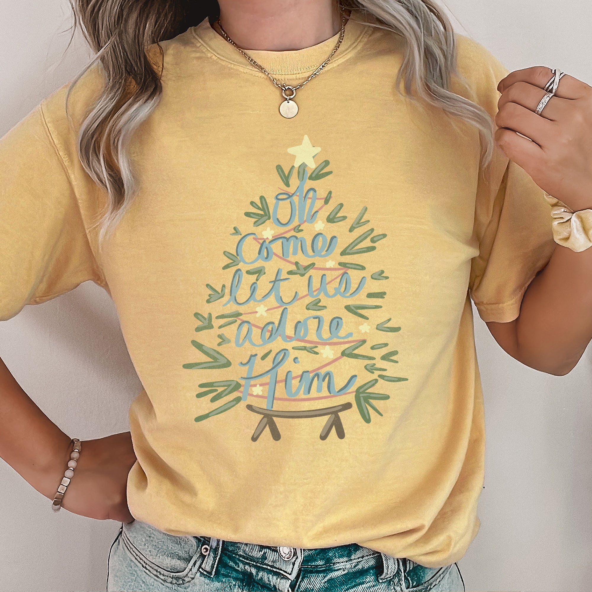 Oh Come Let Us Adore Him Christmas Carol Religious Christian Holiday Comfort Colors Tee