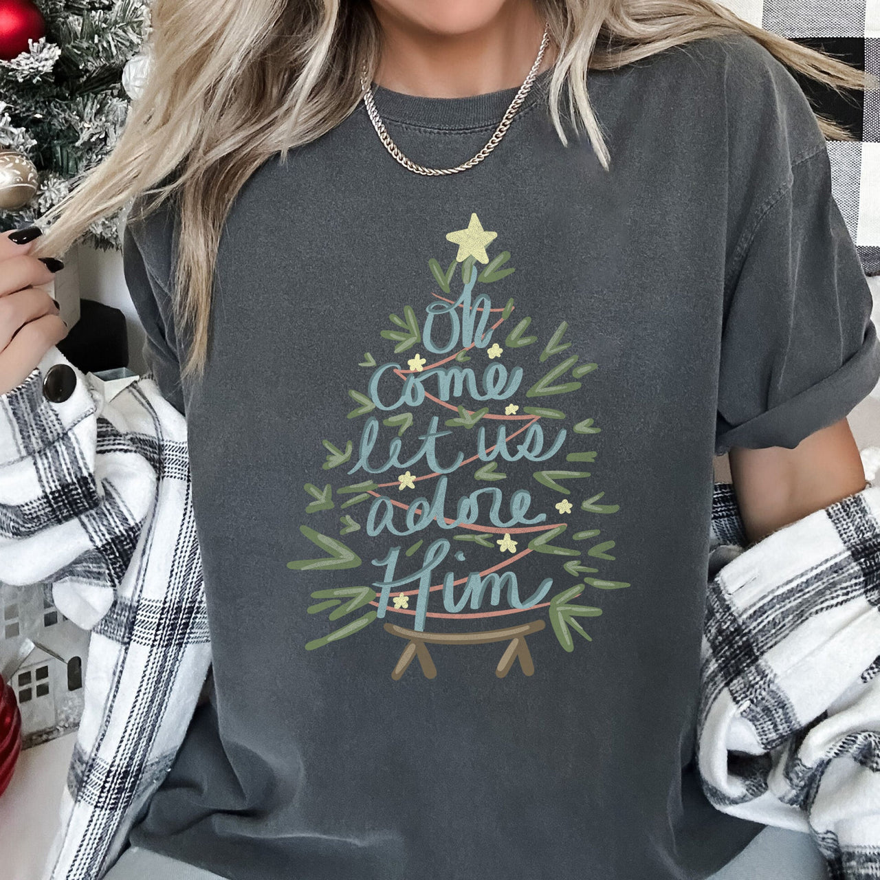 Oh Come Let Us Adore Him Christmas Carol Religious Christian Holiday Comfort Colors Tee