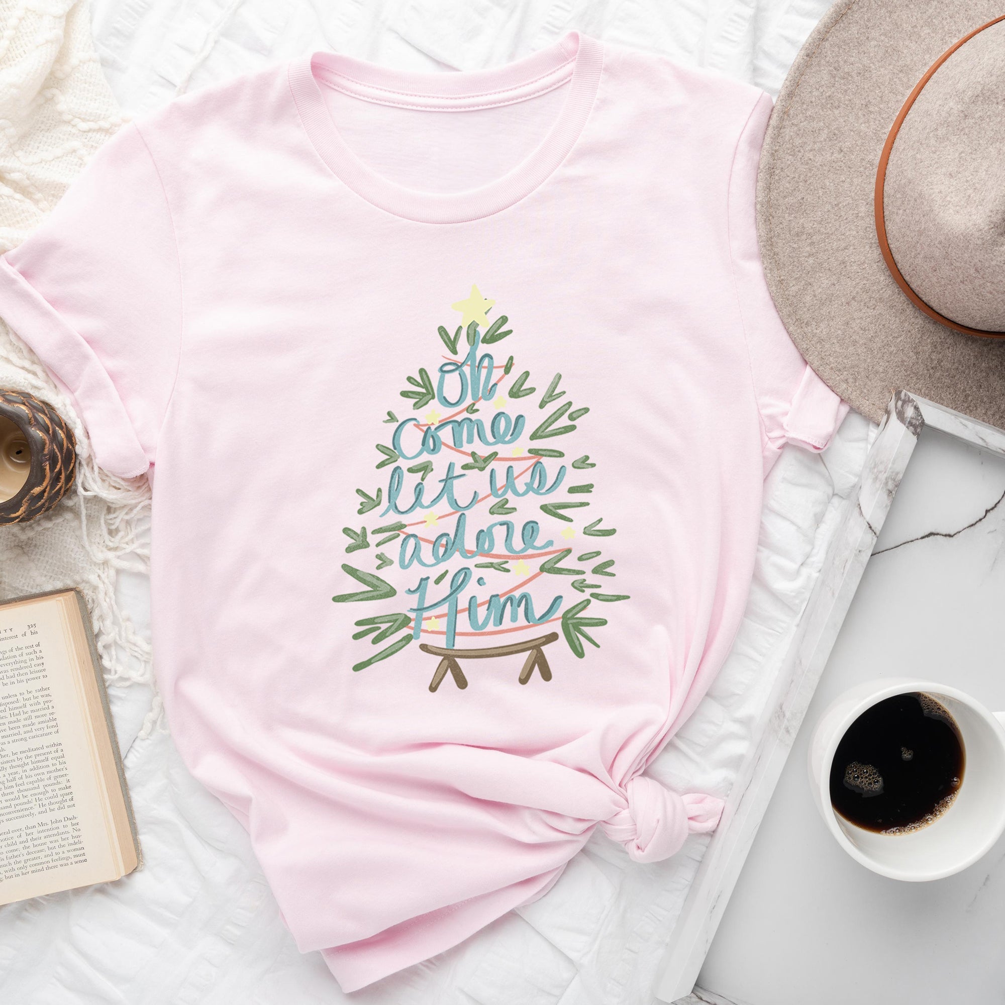 Oh Come Let Us Adore Him Christmas Carol Religious Nativity Inspired Graphic Tee