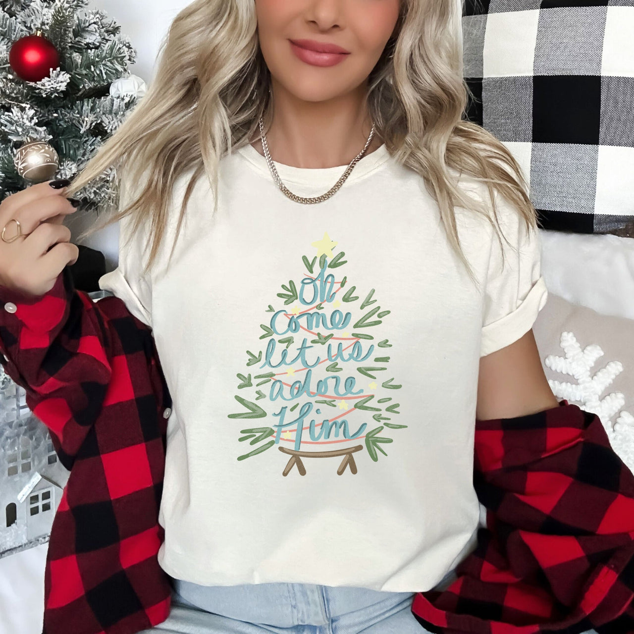 Oh Come Let Us Adore Him Christmas Carol Religious Nativity Inspired Graphic Tee