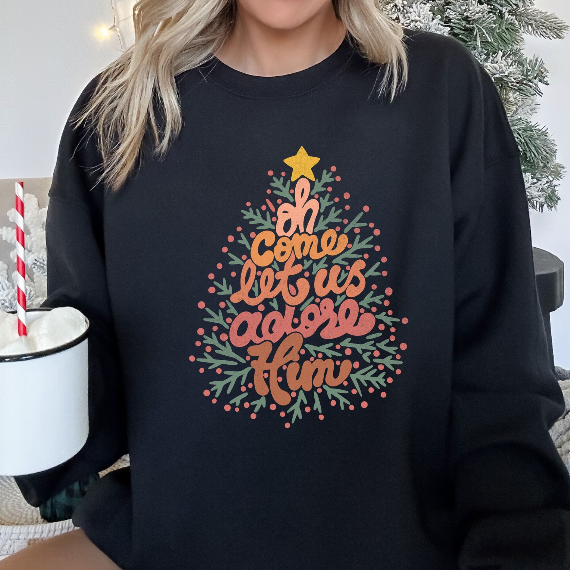 Oh Come Let Us Adore Him, Retro Sign Christmas Sweatshirt