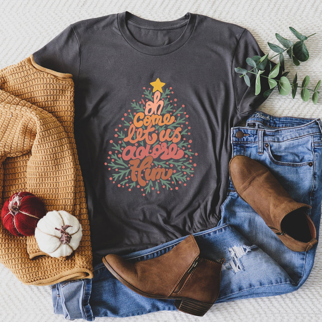 Oh Come Let Us Adore Him Retro Christmas Sign Religious Nativity Scene Inspirational Holiday Faith Graphic Tee