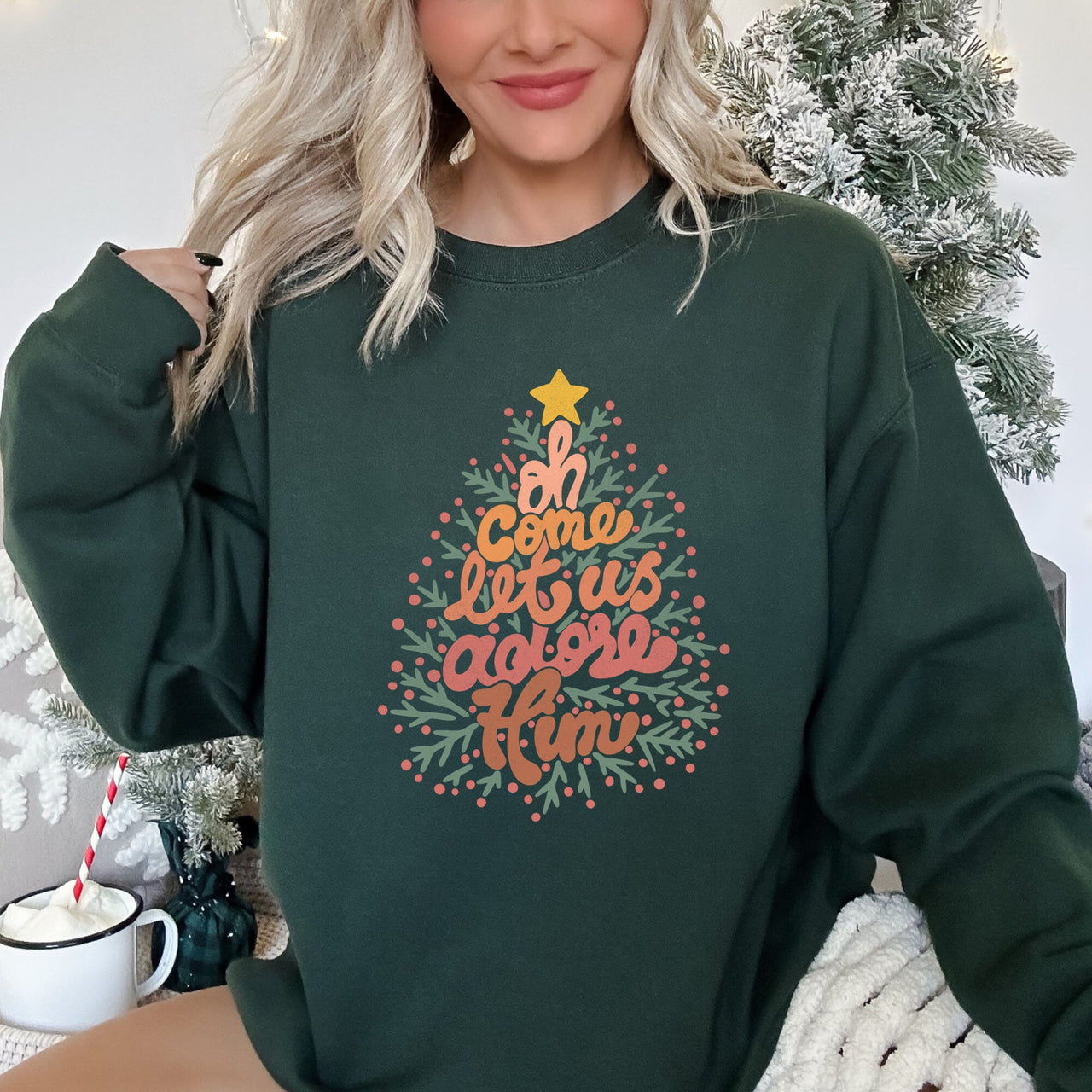 Oh Come Let Us Adore Him, Retro Sign Christmas Sweatshirt