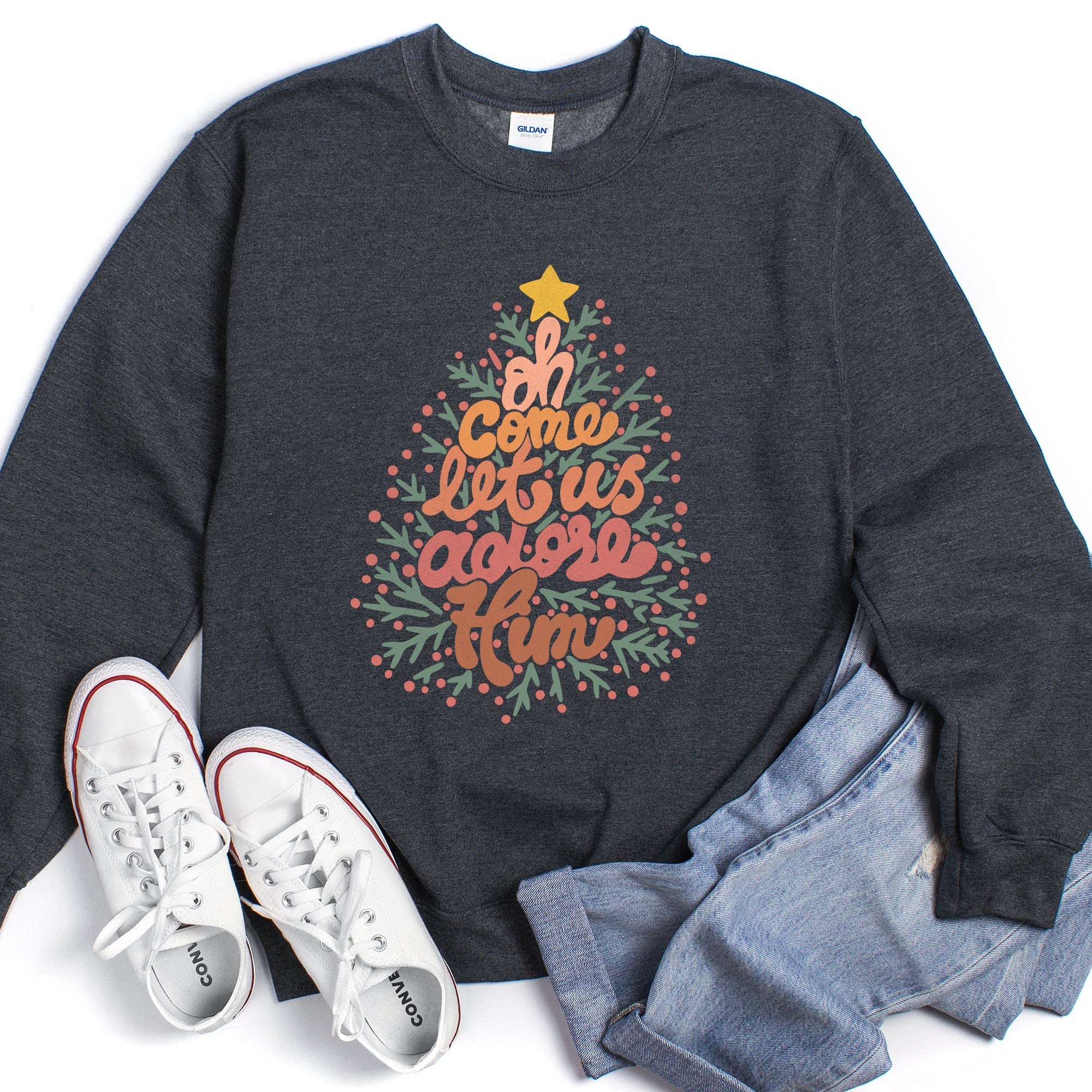 Oh Come Let Us Adore Him, Retro Sign Christmas Sweatshirt