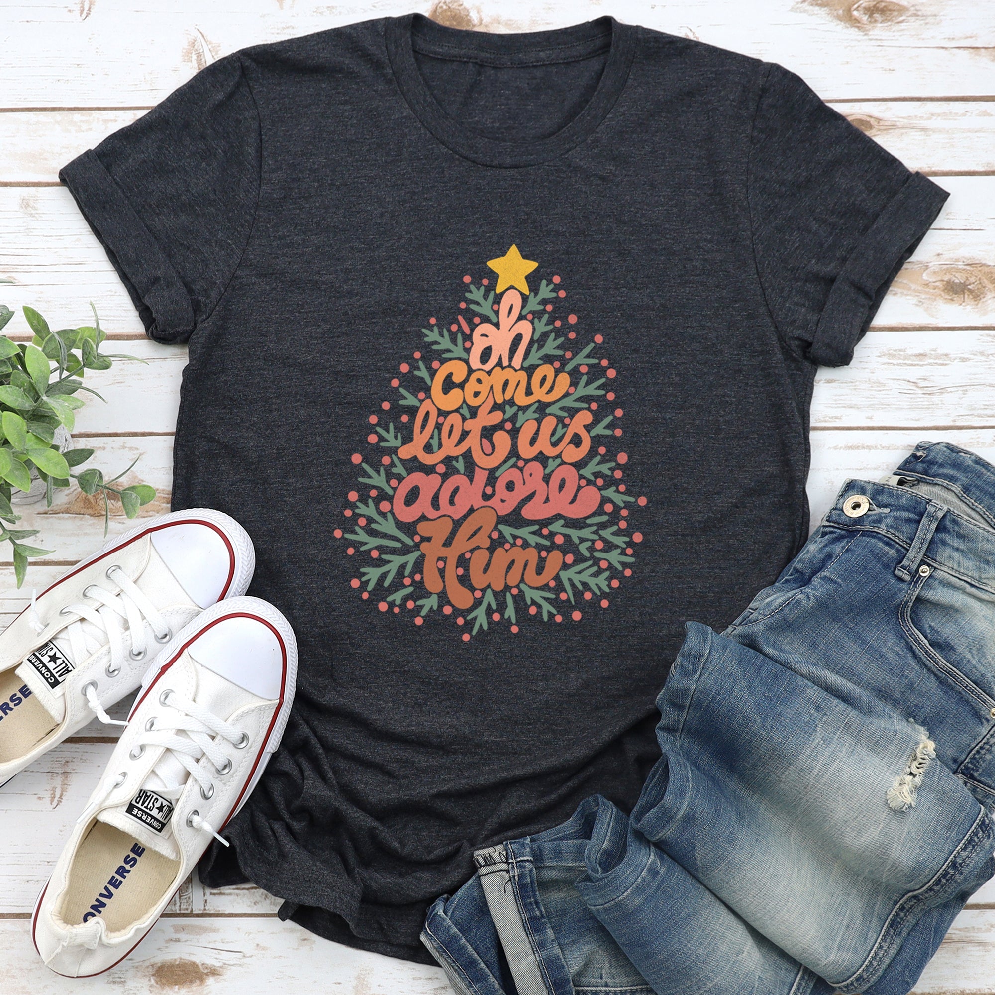 Oh Come Let Us Adore Him Retro Christmas Sign Religious Nativity Scene Inspirational Holiday Faith Graphic Tee