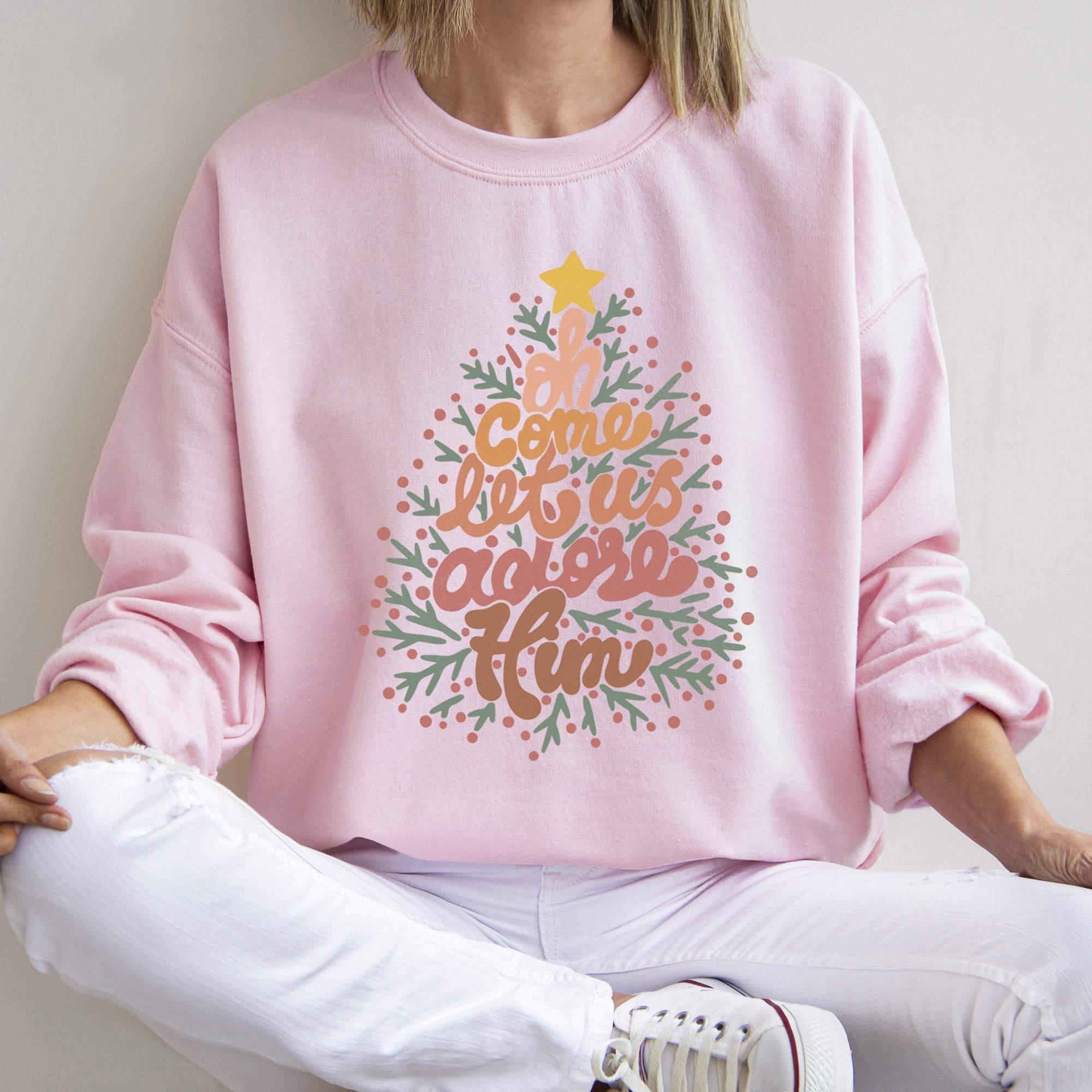 Oh Come Let Us Adore Him, Retro Sign Christmas Sweatshirt