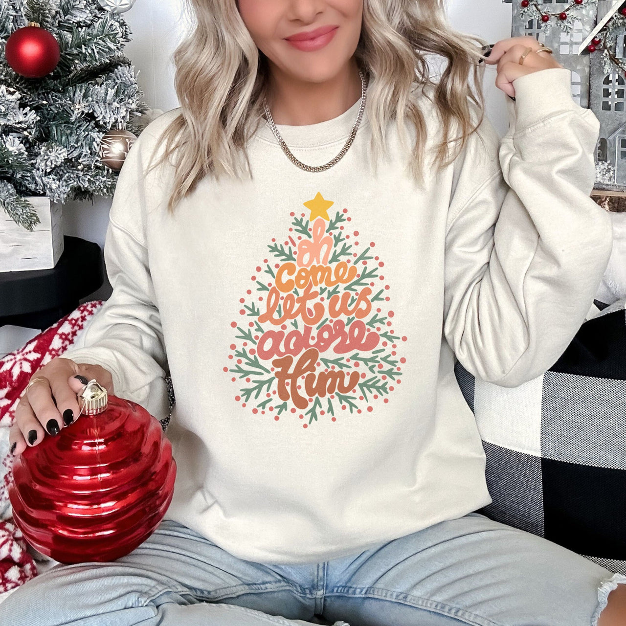 Oh Come Let Us Adore Him, Retro Sign Christmas Sweatshirt