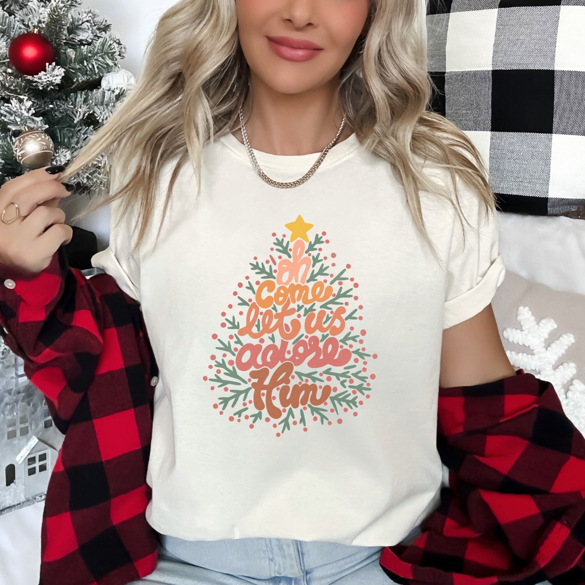 Oh Come Let Us Adore Him Retro Christmas Sign Religious Nativity Scene Inspirational Holiday Faith Graphic Tee