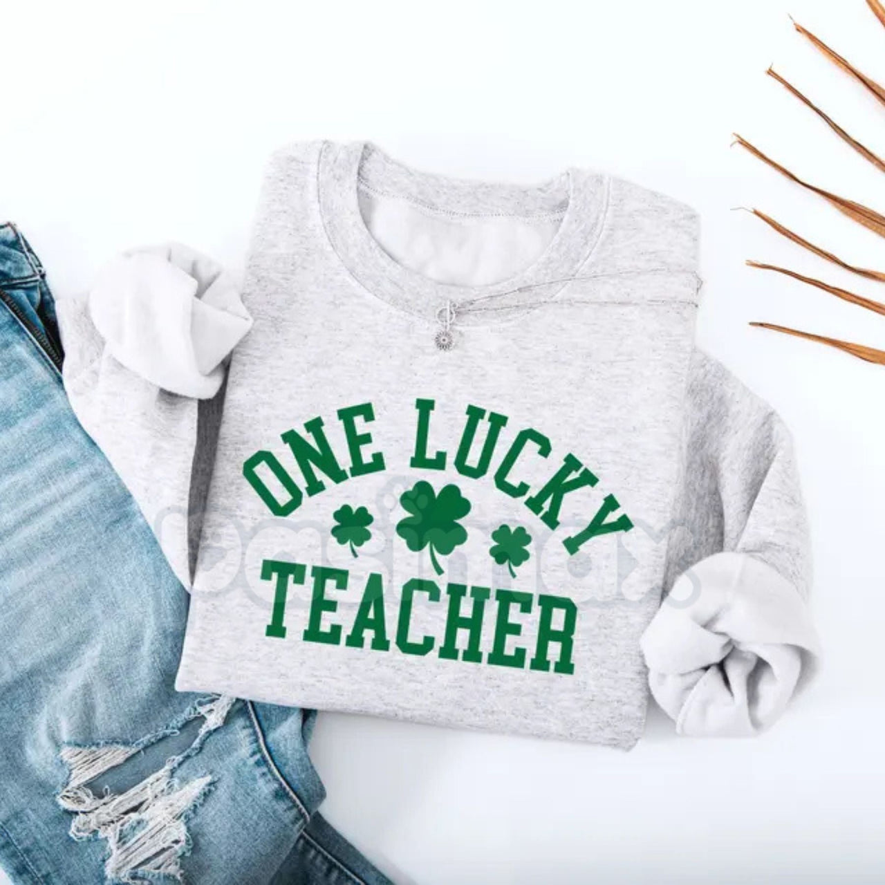 One Lucky Teacher Adult Sweatshirt | Green Varsity Lettering St Patrick's Day Crewneck | Shamrock Accent Teacher Pullover | Lucky Educator Holiday Outfit | Retro Varsity St Pattys Shirt | Soft Cozy Teacher Gift Jumper