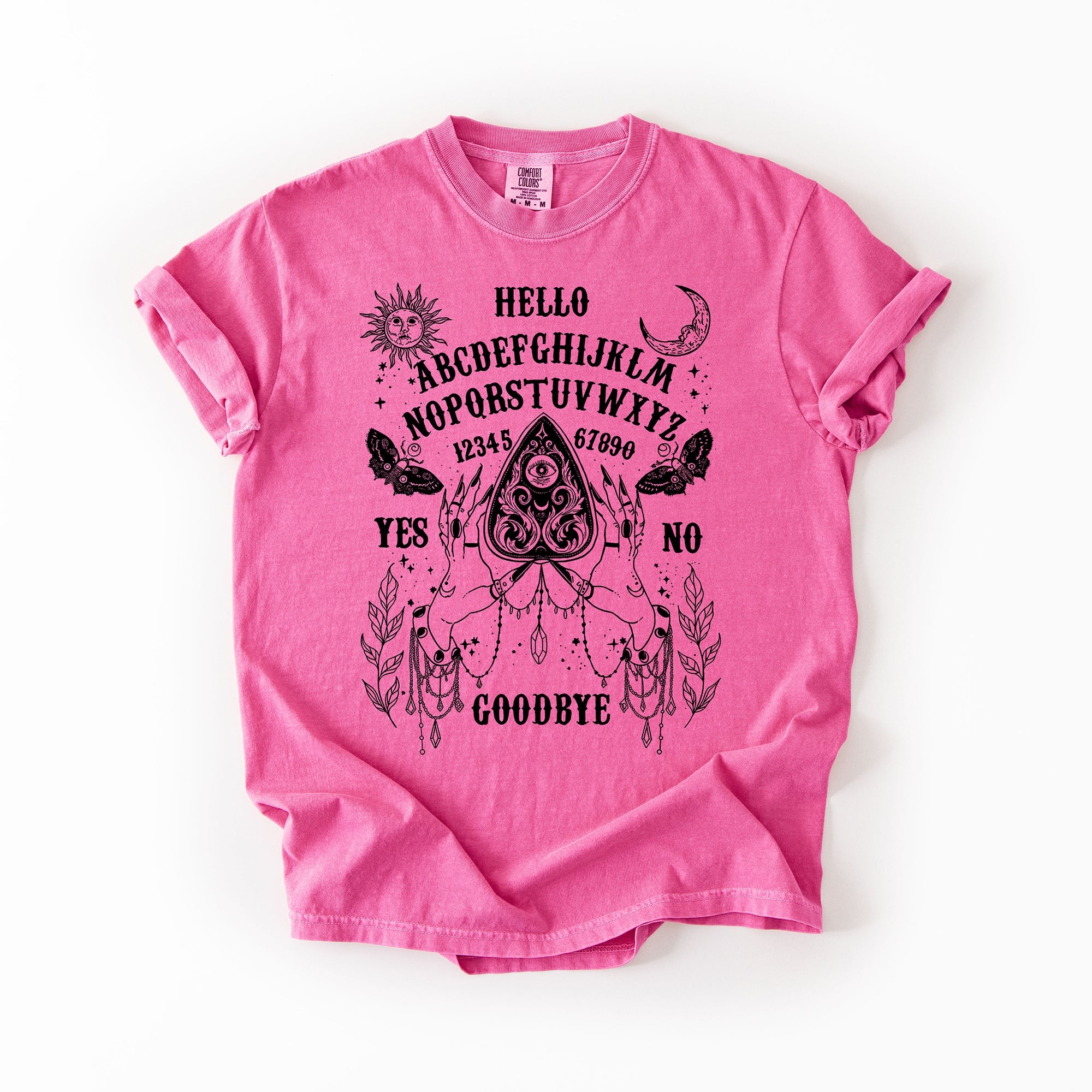 Ouija Board Spooky Tarot Halloween Witch Moonlight Seance Mystic Symbols Night Sky Hauntings Comfort Colors Tee