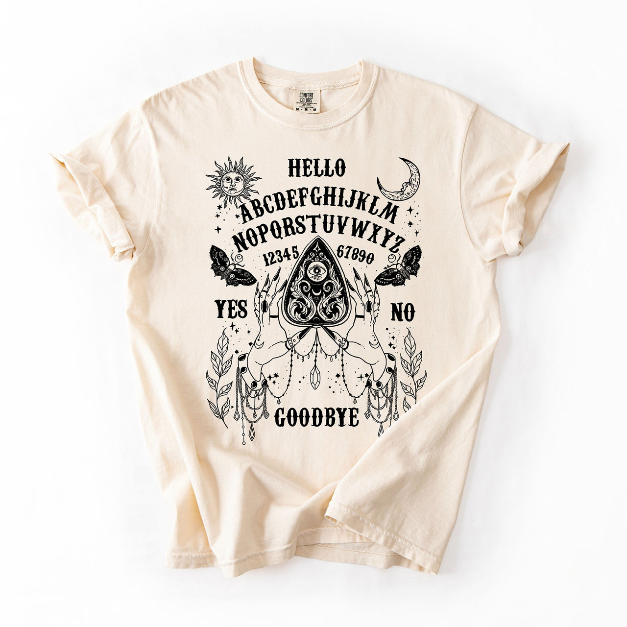 Ouija Board Spooky Tarot Halloween Witch Moonlight Seance Mystic Symbols Night Sky Hauntings Comfort Colors Tee