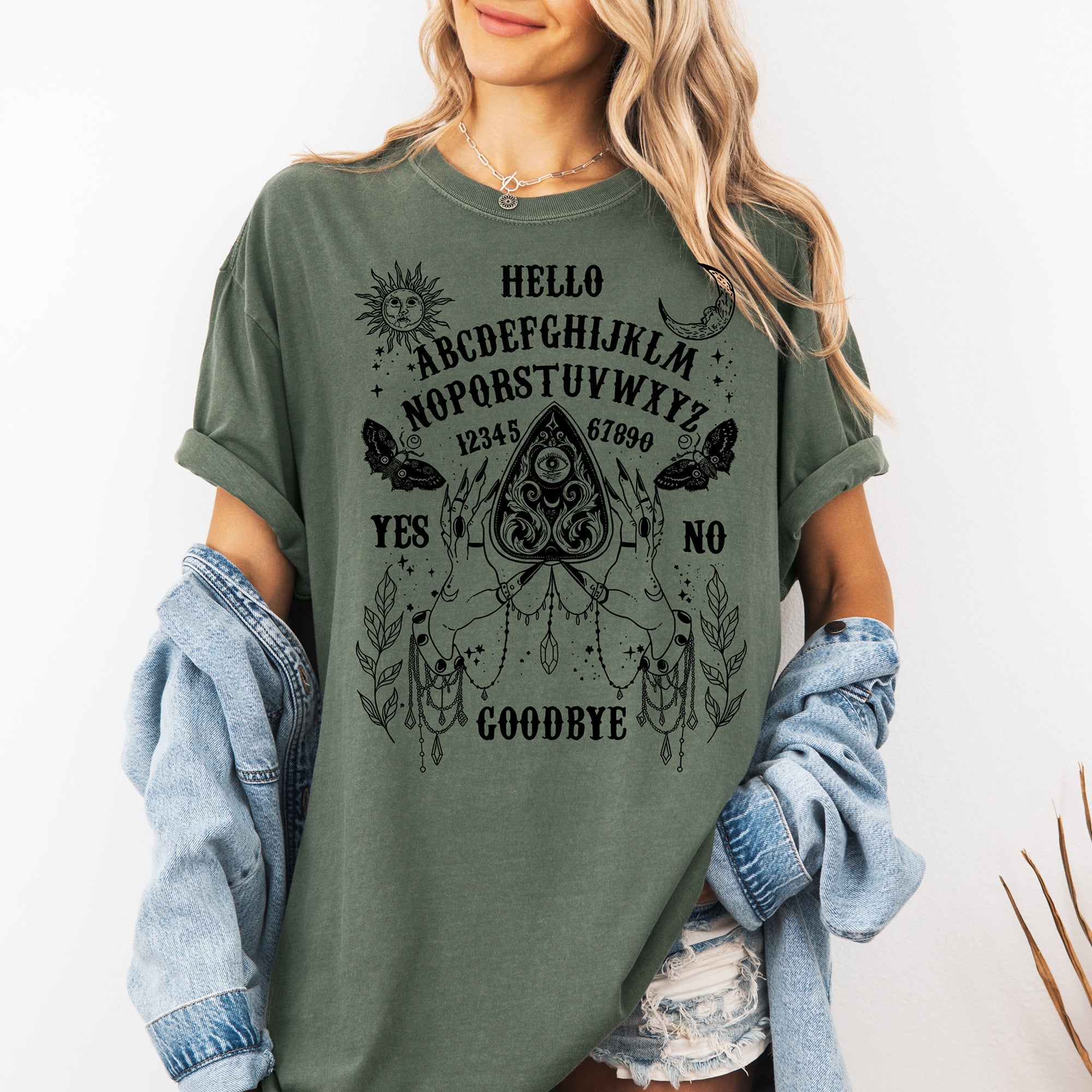 Ouija Board Spooky Tarot Halloween Witch Moonlight Seance Mystic Symbols Night Sky Hauntings Comfort Colors Tee