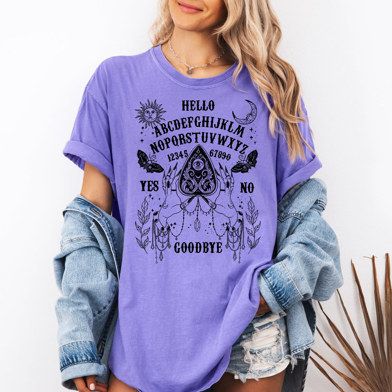 Ouija Board Spooky Tarot Halloween Witch Moonlight Seance Mystic Symbols Night Sky Hauntings Comfort Colors Tee