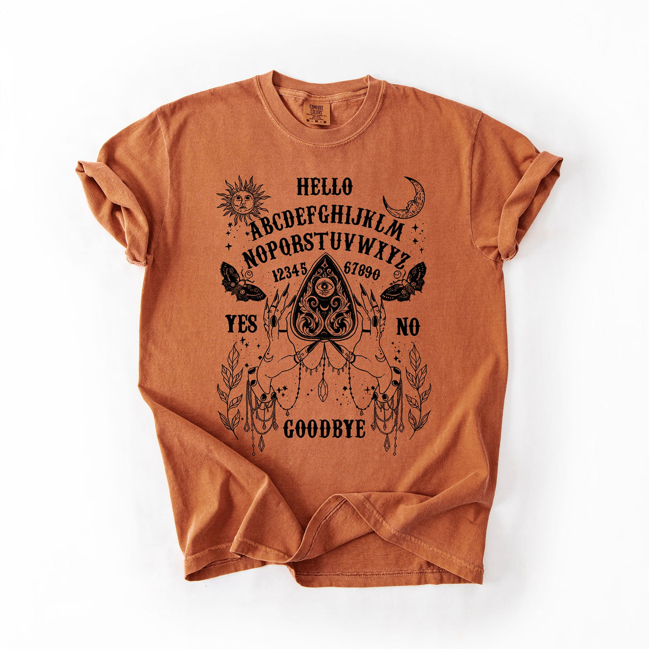Ouija Board Spooky Tarot Halloween Witch Moonlight Seance Mystic Symbols Night Sky Hauntings Comfort Colors Tee