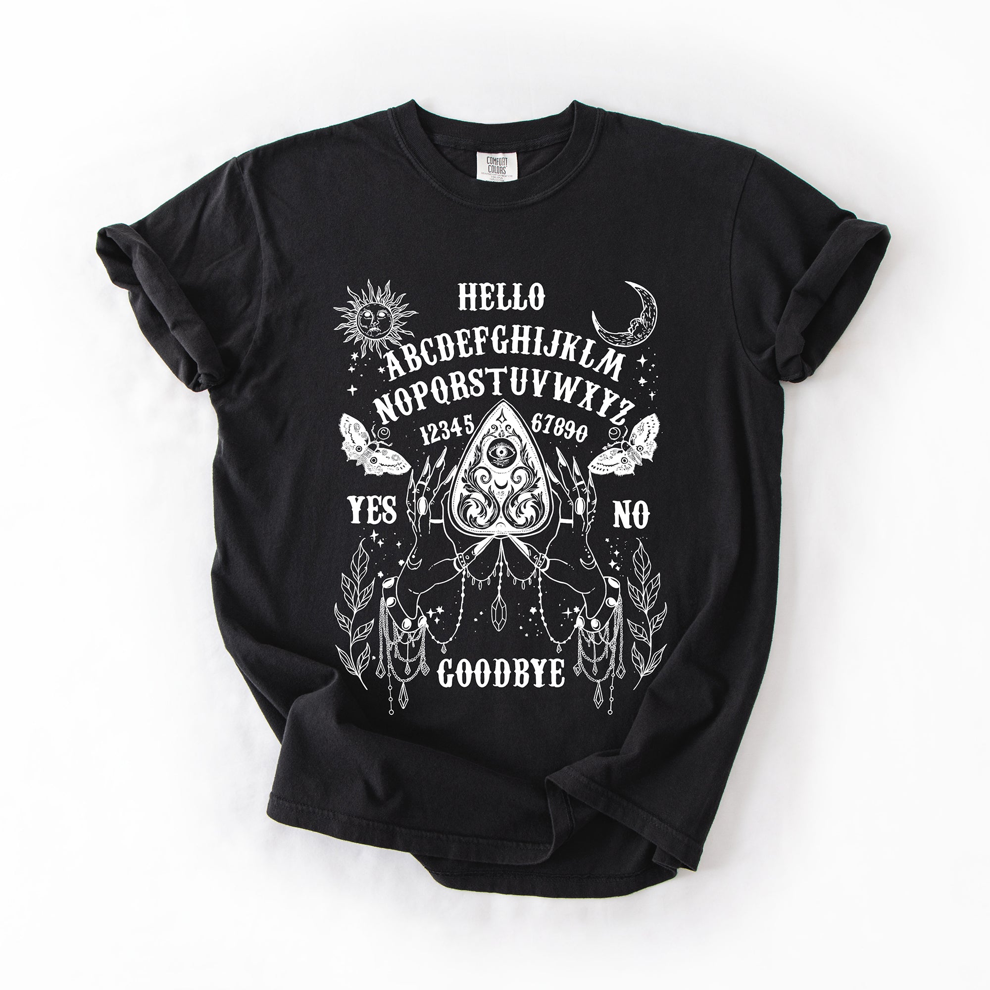 Ouija Board Spooky Tarot Halloween Witch Moonlight Seance Mystic Symbols Night Sky Hauntings Comfort Colors Tee