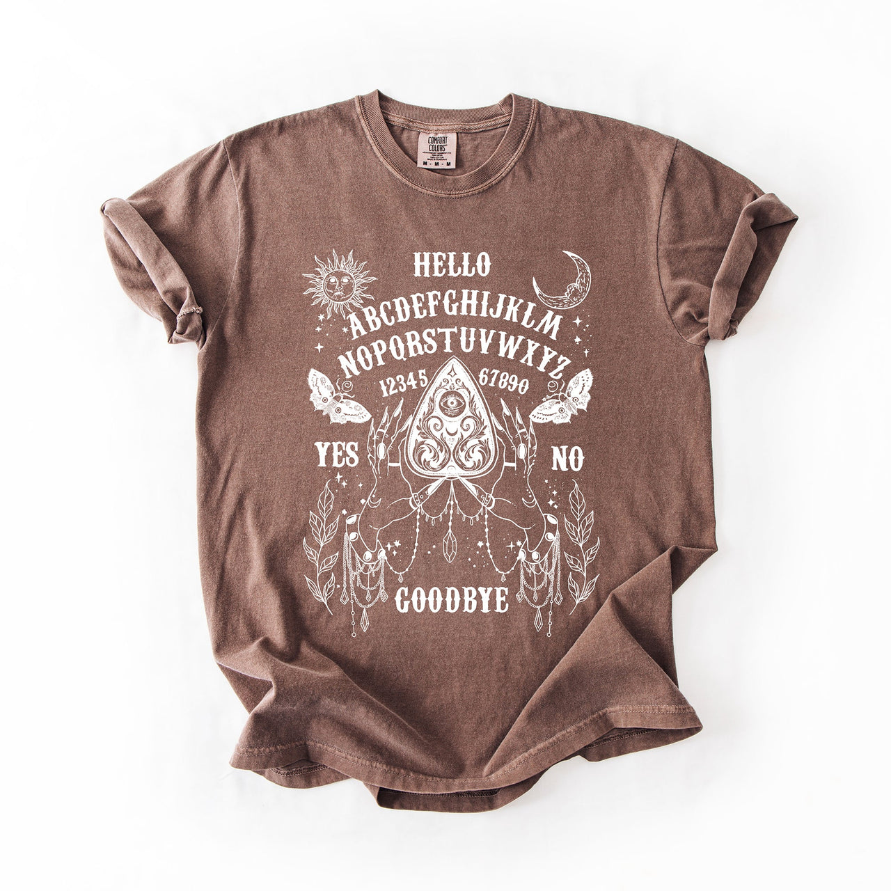 Ouija Board Spooky Tarot Halloween Witch Moonlight Seance Mystic Symbols Night Sky Hauntings Comfort Colors Tee