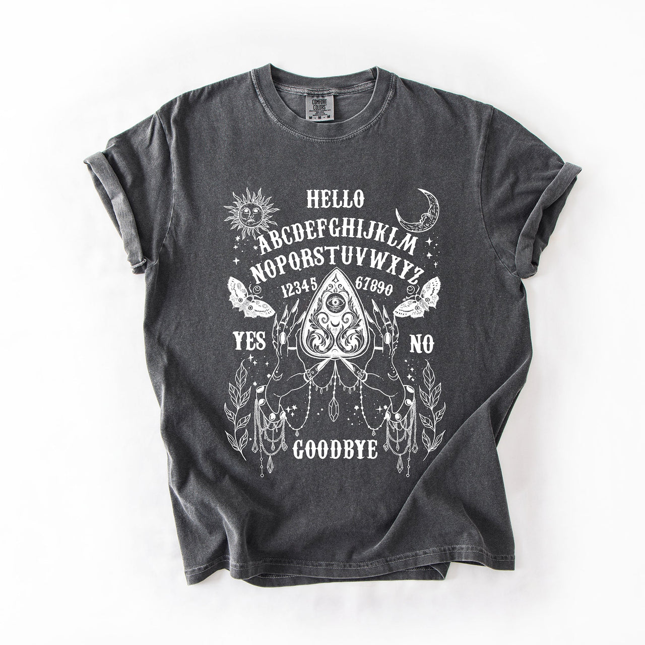 Ouija Board Spooky Tarot Halloween Witch Moonlight Seance Mystic Symbols Night Sky Hauntings Comfort Colors Tee