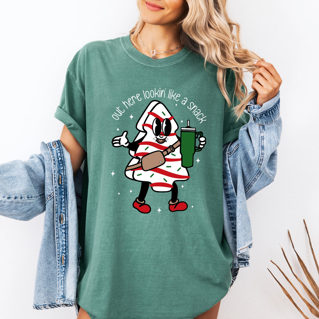 Out Here Looking Like A Snack Christmas Cake Santa Xmas Festive Holiday Comfort Colors Tee