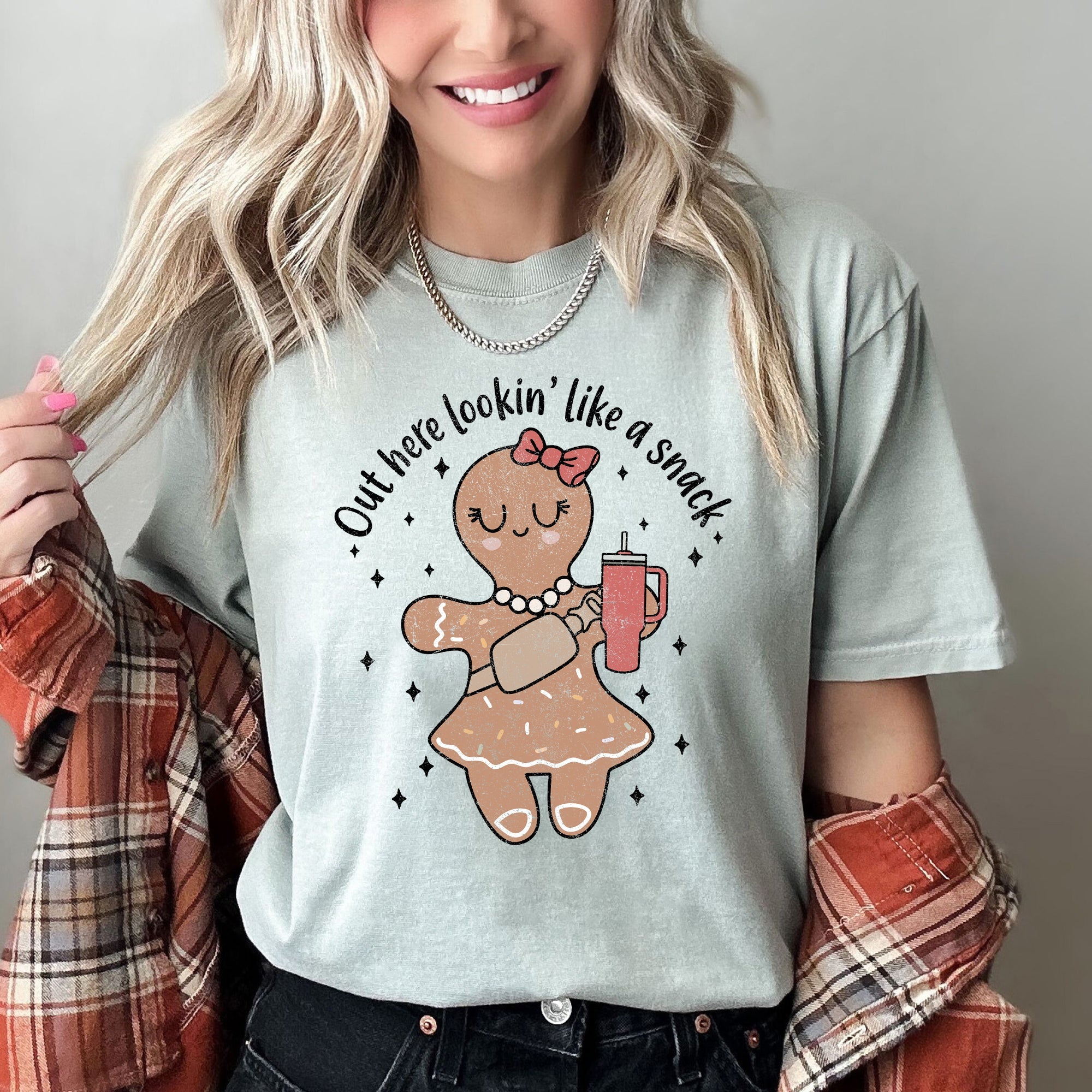 Out Here Looking Like A Snack Gingerbread Girl Stanley Christmas Comfort Colors Tee