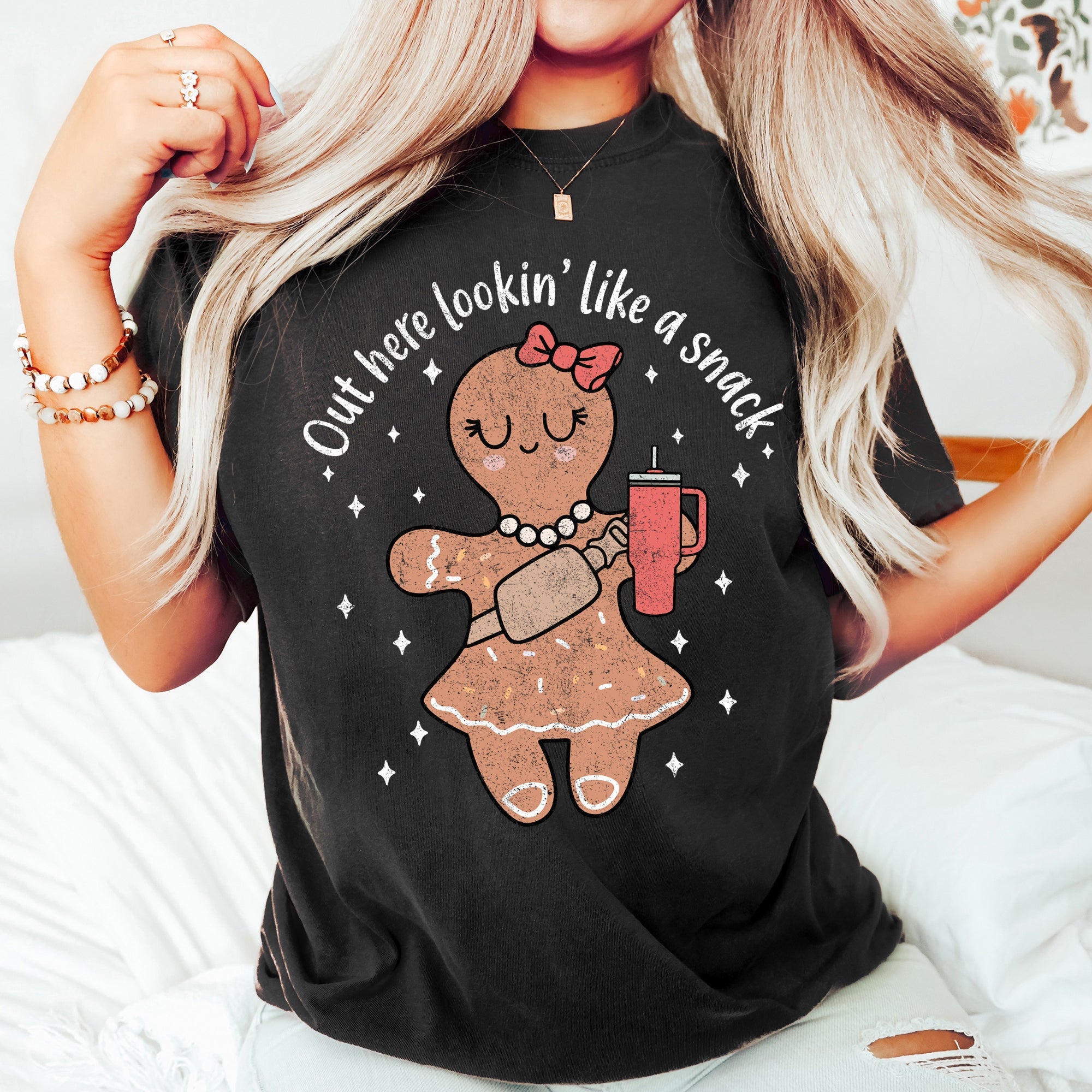 Out Here Looking Like A Snack Gingerbread Girl Stanley Christmas Comfort Colors Tee