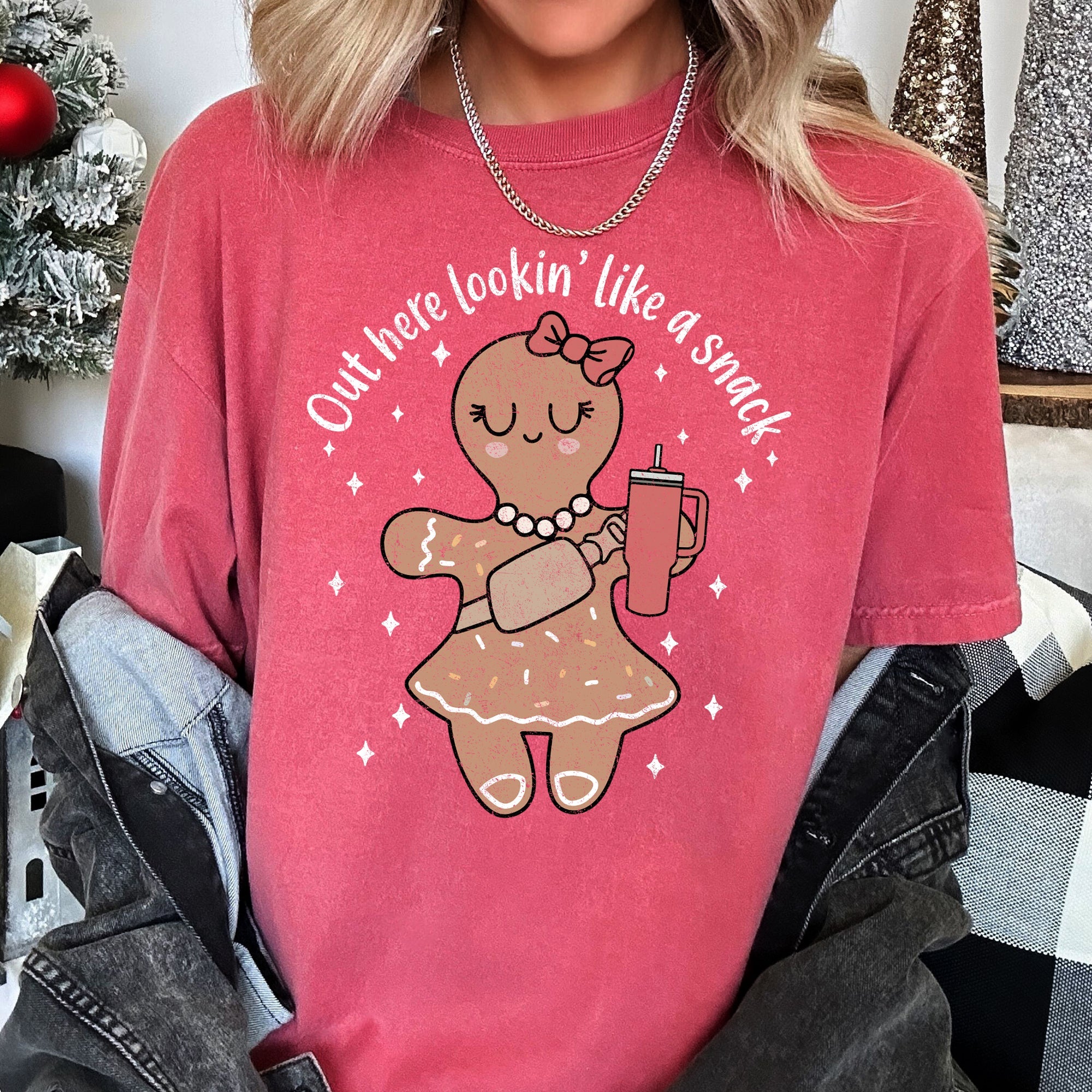 Out Here Looking Like A Snack Gingerbread Girl Stanley Christmas Comfort Colors Tee