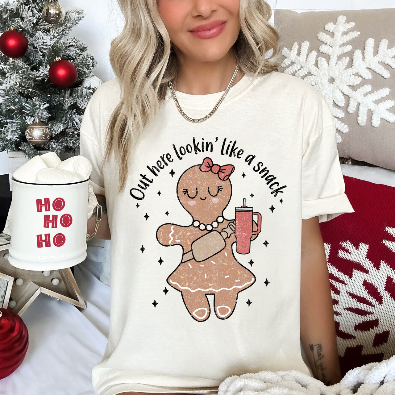 Out Here Looking Like A Snack Gingerbread Girl Stanley Christmas Comfort Colors Tee