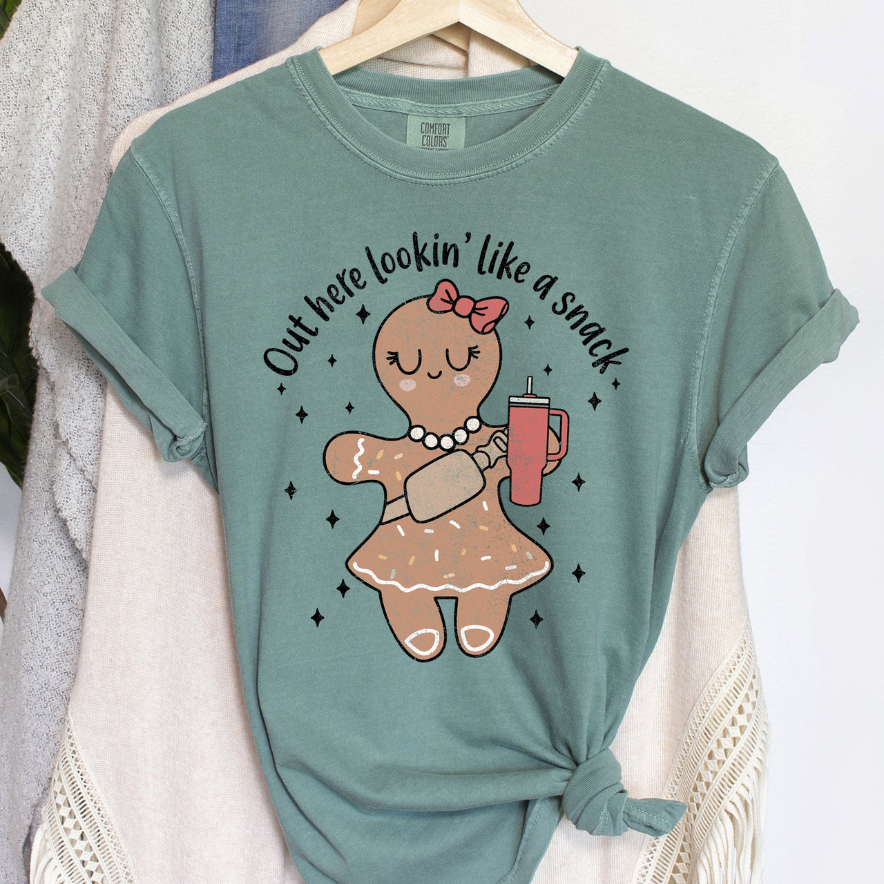 Out Here Looking Like A Snack Gingerbread Girl Stanley Christmas Comfort Colors Tee