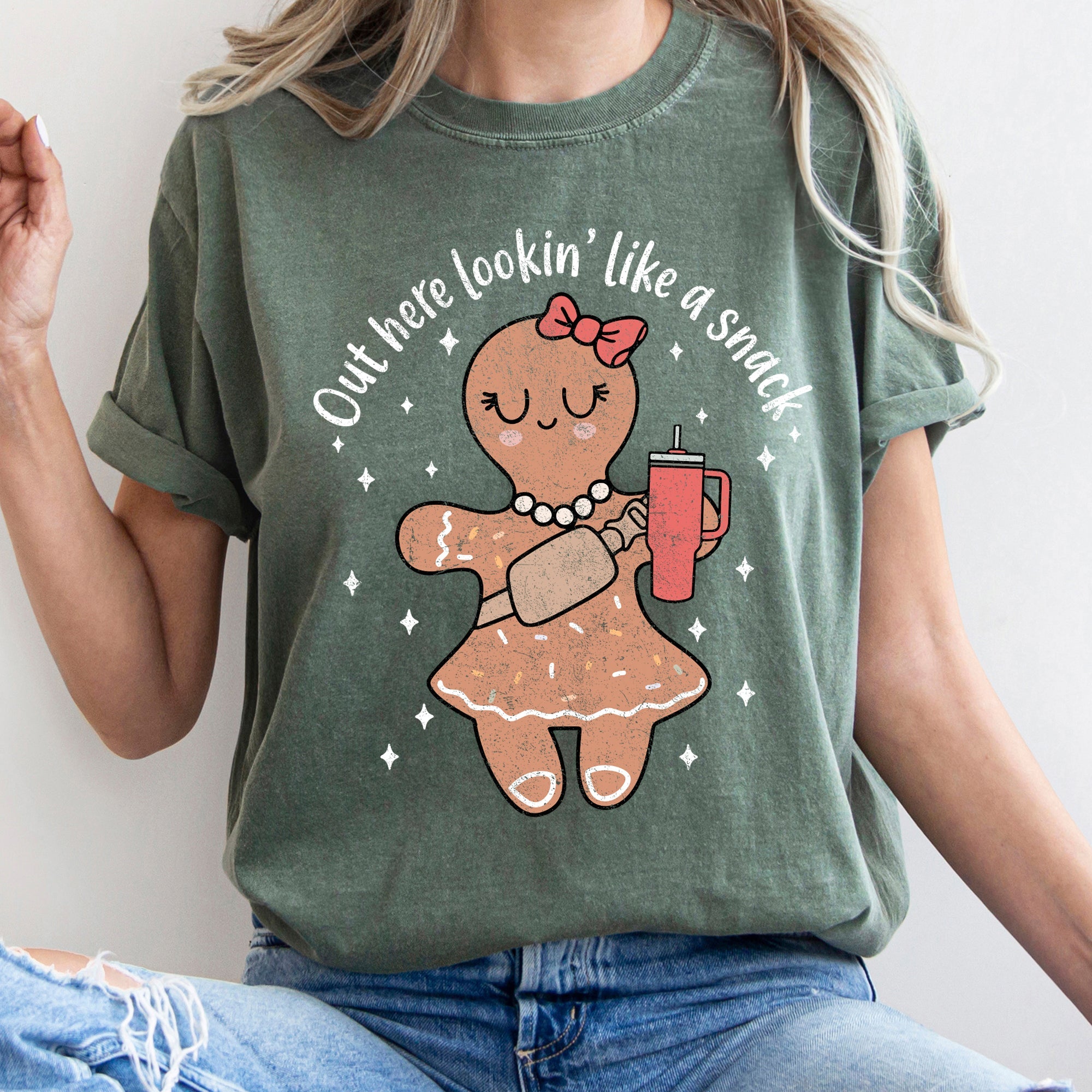 Out Here Looking Like A Snack Gingerbread Girl Stanley Christmas Comfort Colors Tee