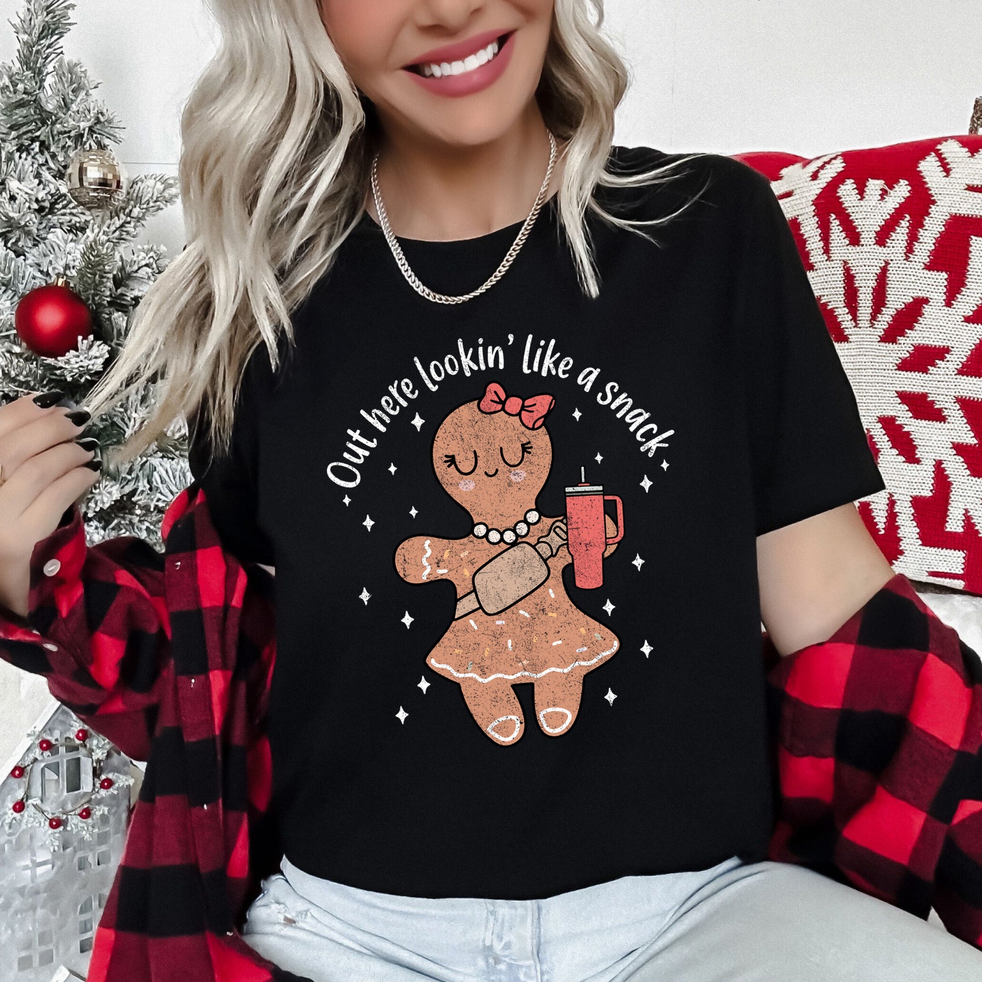 Out Here Looking Like A Snack Gingerbread Girl Stanley Christmas Gingerbread Cookie Aesthetic Holiday Graphic Tee
