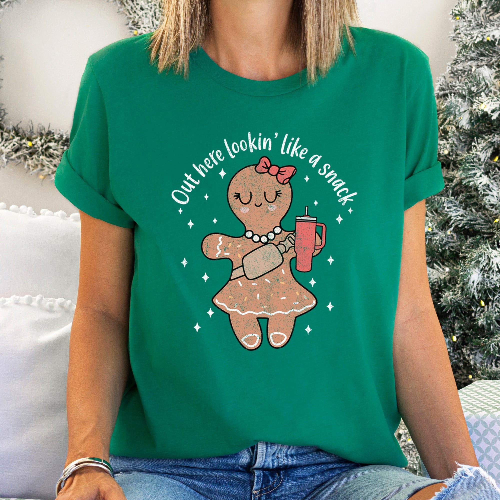 Out Here Looking Like A Snack Gingerbread Girl Stanley Christmas Gingerbread Cookie Aesthetic Holiday Graphic Tee